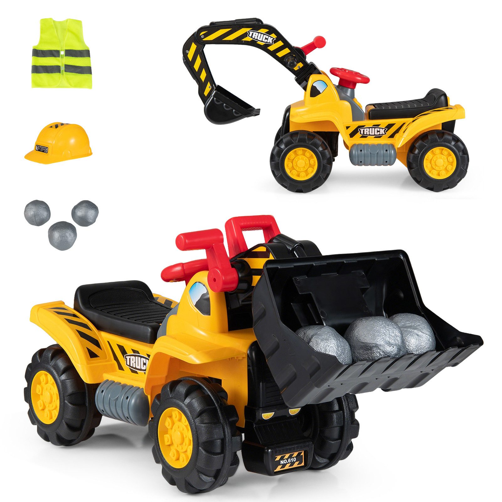 COSTWAY Rutscherauto 3in1 Sitzbagger & Radlader, mit abnehmbarer Schaufel, Stauraum