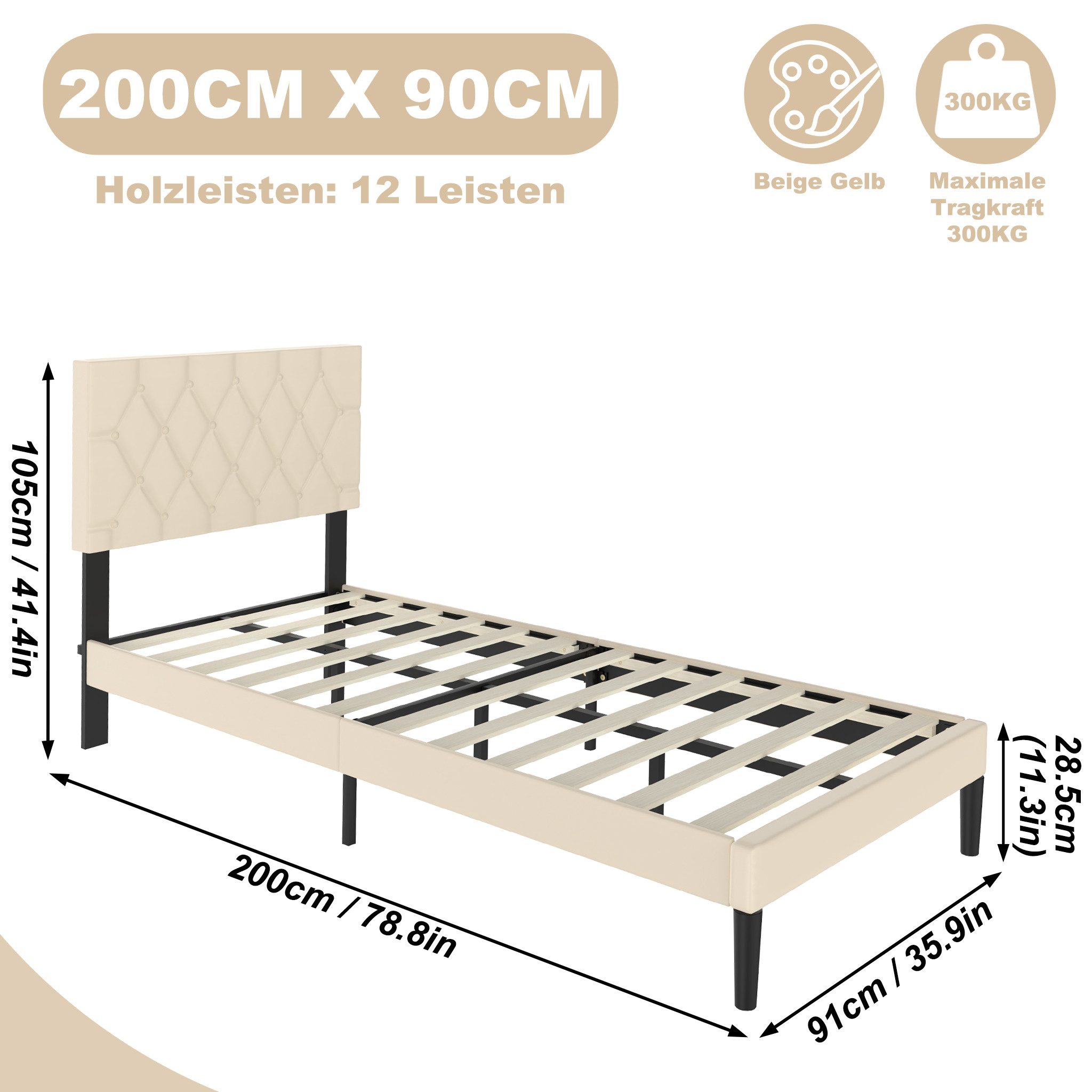 FIVMEN Bettgestell Bettrahmen Polsterbett Bett Metall mit Kopfteil und Lattenrost, Lattenrost Bett Metall Plattform Leder Kopfteil Matratzenfundament