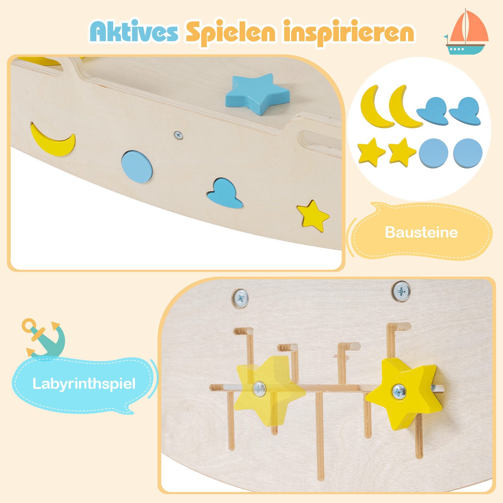 COSTWAY Klettergerüst, 7-in-1 Dreieck-Set mit Leiter & Bogen, Nautisch inspiriertes