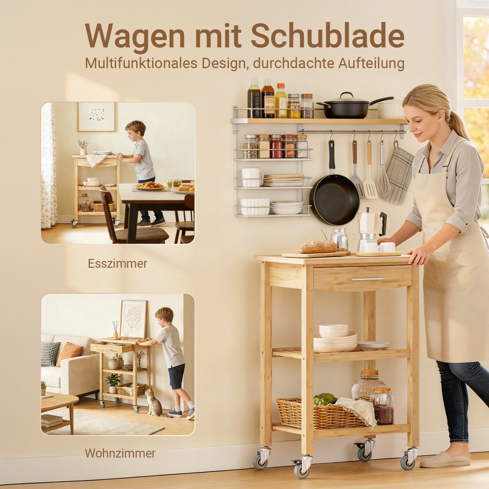 SoBuy Servierwagen FKW135, Küchenwagen, Servierwagen mit Rollen, Rollwagen mit Schublade, Küchenwagen mit Arbeitsplatte, 2 offene Ebenen, mobil als Kücheninsel