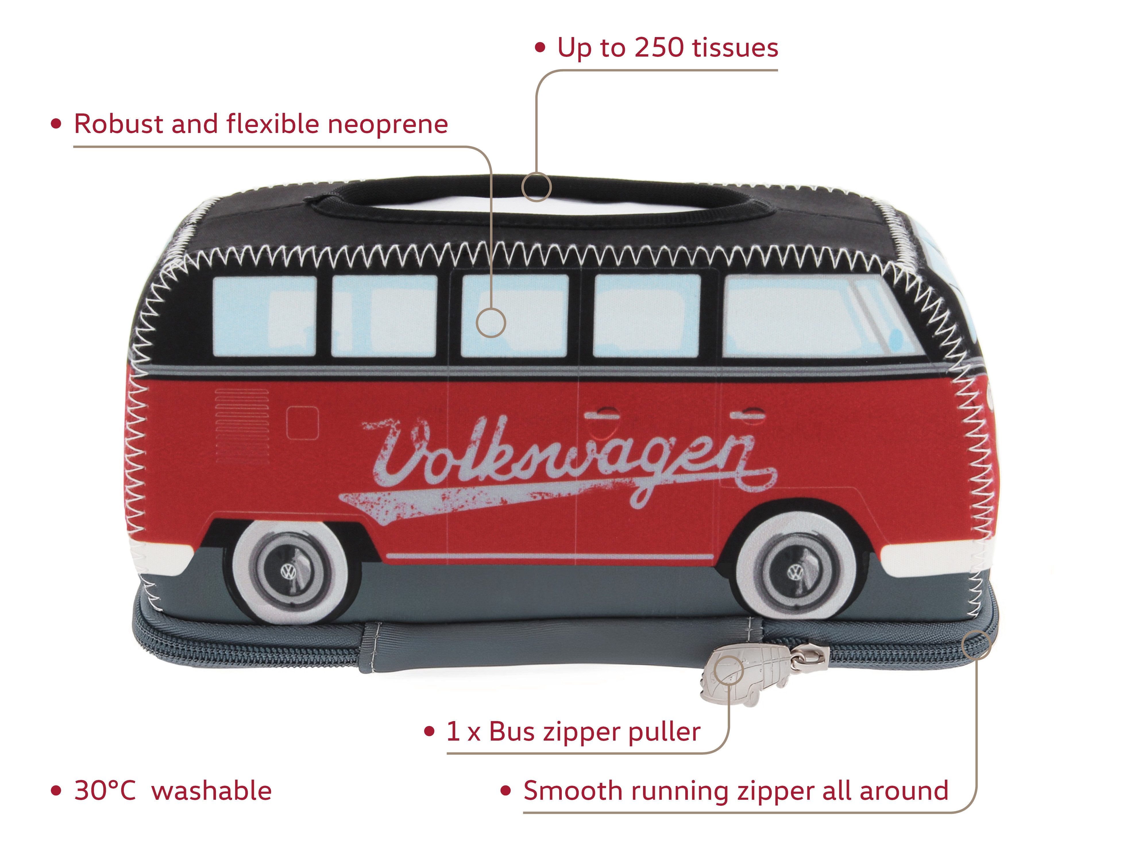 VW Collection by BRISA Papiertuchbox Volkswagen Neopren Kosmetik-Serviettenspender, Papiertaschentuchbox, fürs Bad im T1 Bulli Bus Design in Rot/Schwarz