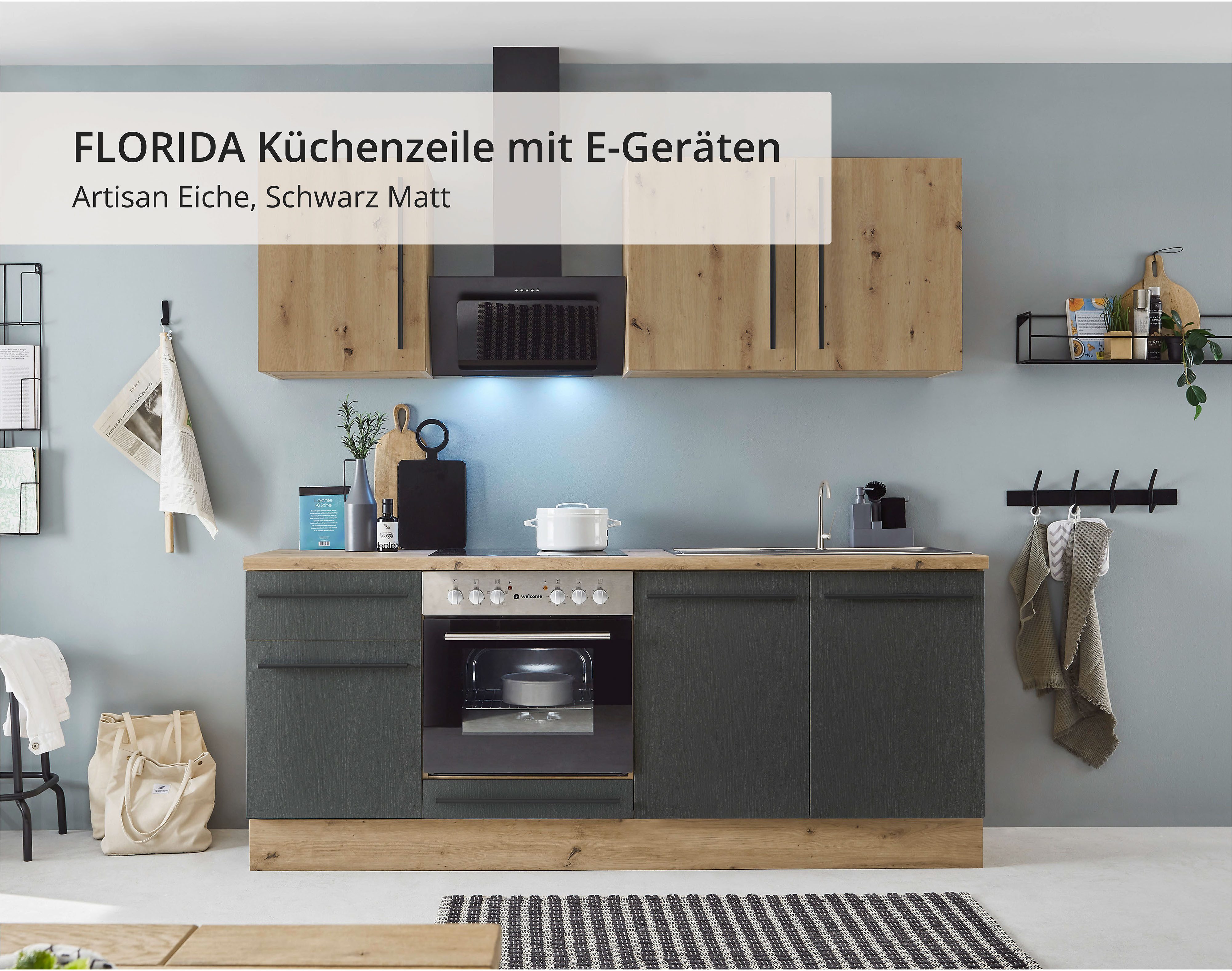 KOCHSTATION Küchenzeile KS-Florida mit 38mm starker Arbeitsplatte, Breite 210 cm, wahlweise mit E-Geräten, mit Soft-Close-Funktion