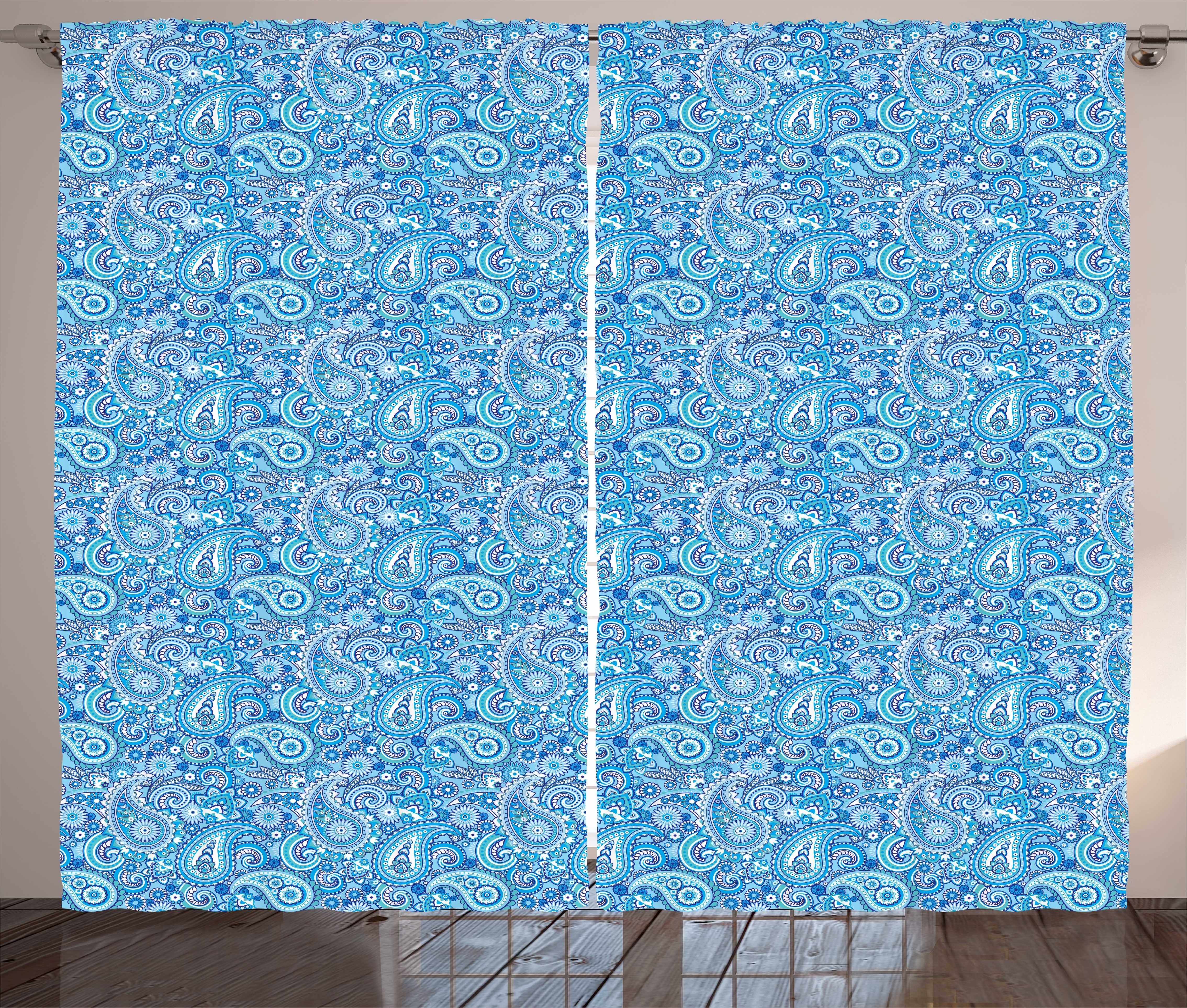 Gardine Schlafzimmer Kräuselband und mit Paisley Kunst Haken, Boteh blau Töne Schlaufen Blaue Abakuhaus, Vorhang