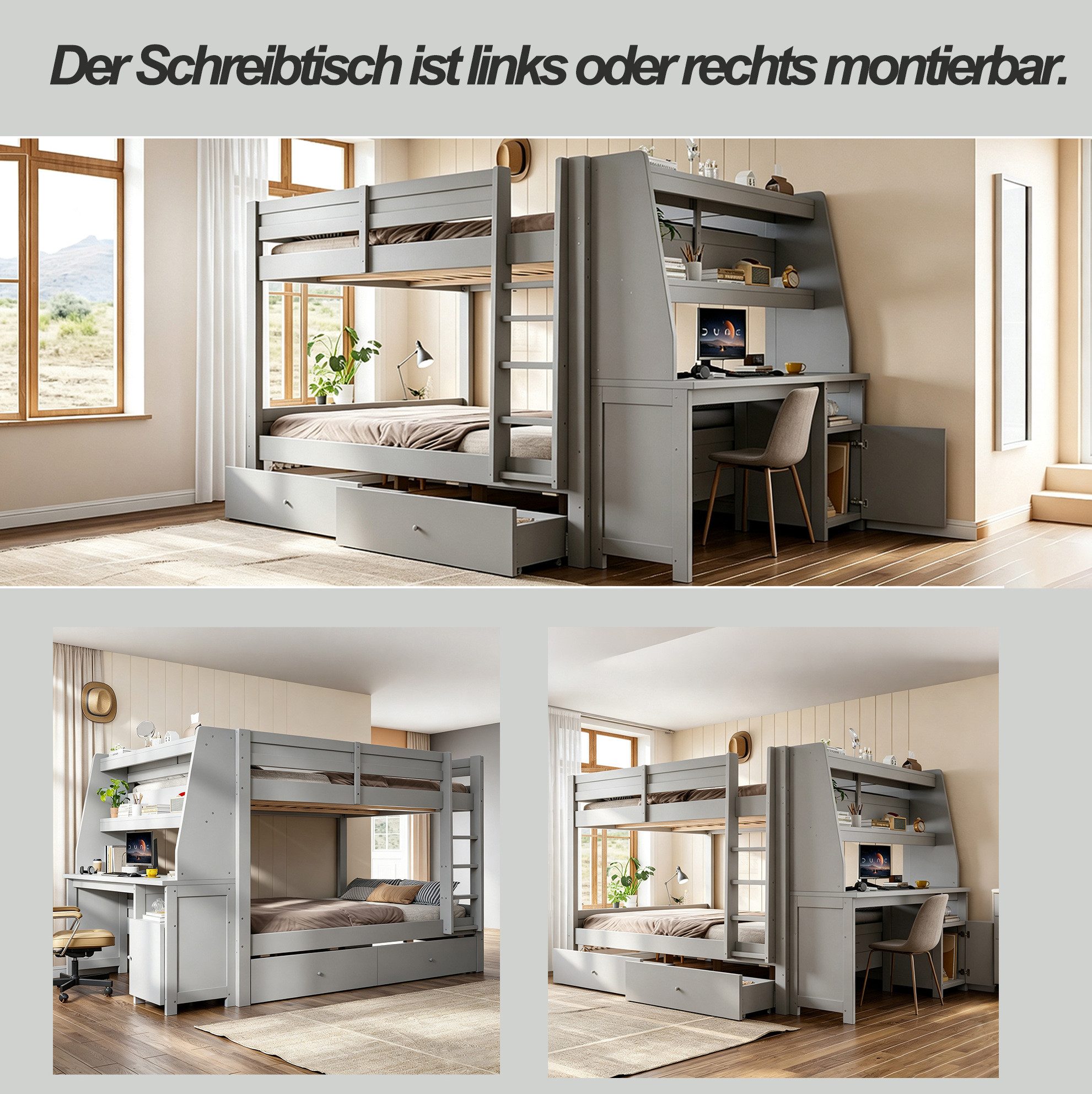 MODFU Etagenbett Kinderbett mit seitlichem Stauraumschrank links oder rechts montierbar (140x200cm, inklusive Schreibtisch, Schubladen und Ablagebereich, Funktionsbett Jugendbett), ohne Matratze