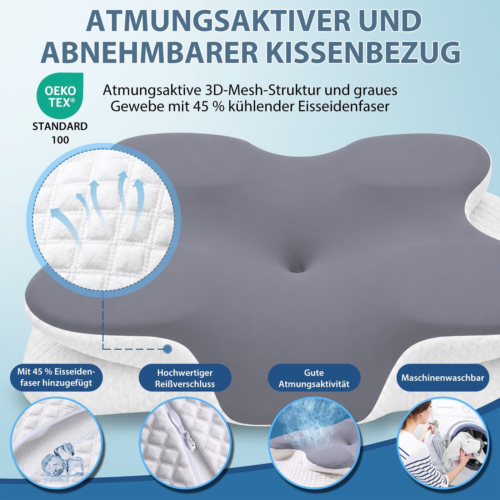 SWGOTA Kopfkissen orthopädisches Nackenstützkissen aus 100% Memory Foam, 62x41x11/13cm,21° Nackenkurve,6 Funktionsbereiche, abnehmbarer Eisseidenbezug mit 3D-Mesh für Seiten/Rücken/Bauchschläfer