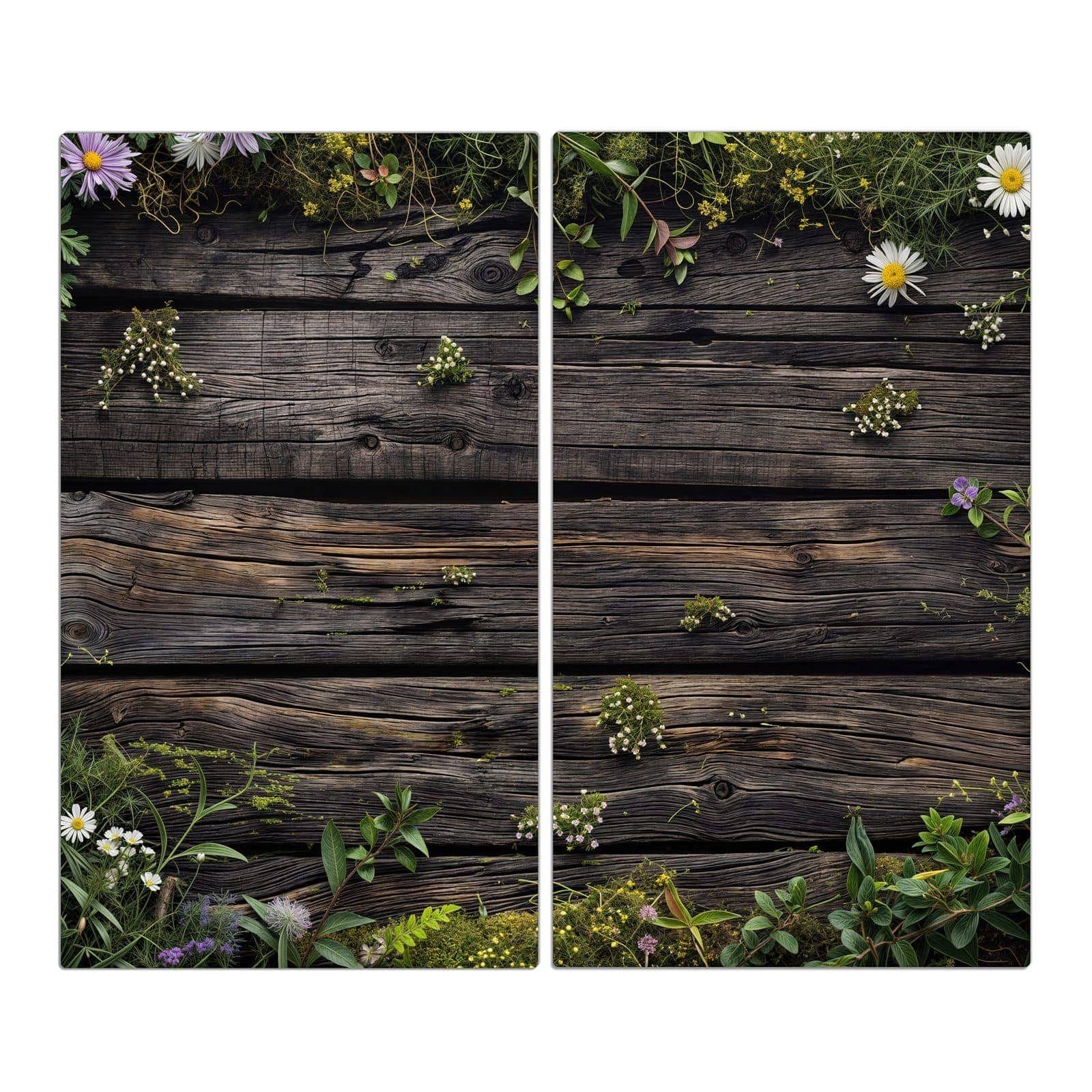 Primedeco Herd-Abdeckplatte Herdabdeckplatte Spritzschutz aus Glas Holz mit Blumen, Glas, (2 tlg)