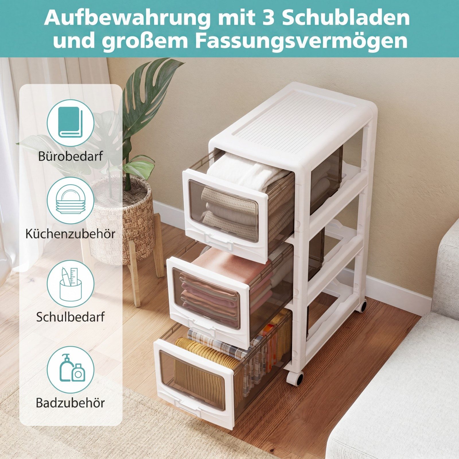 COSTWAY Rollwagen, Nischenschrank schmal mit Rollen und 3 Schubladen