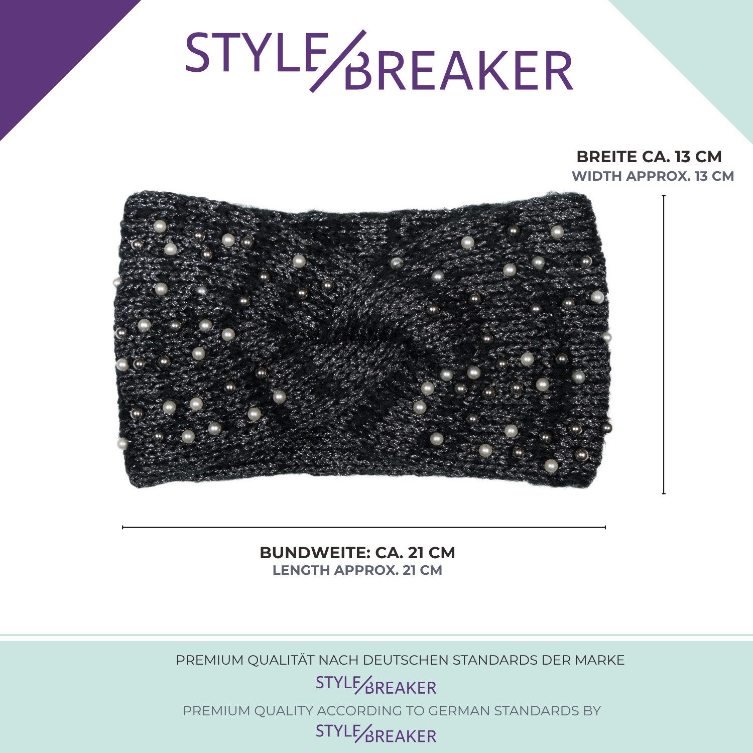 styleBREAKER Stirnband Strick Stirnband Perlen Metallic Faden und Knoten Detail (1-St)