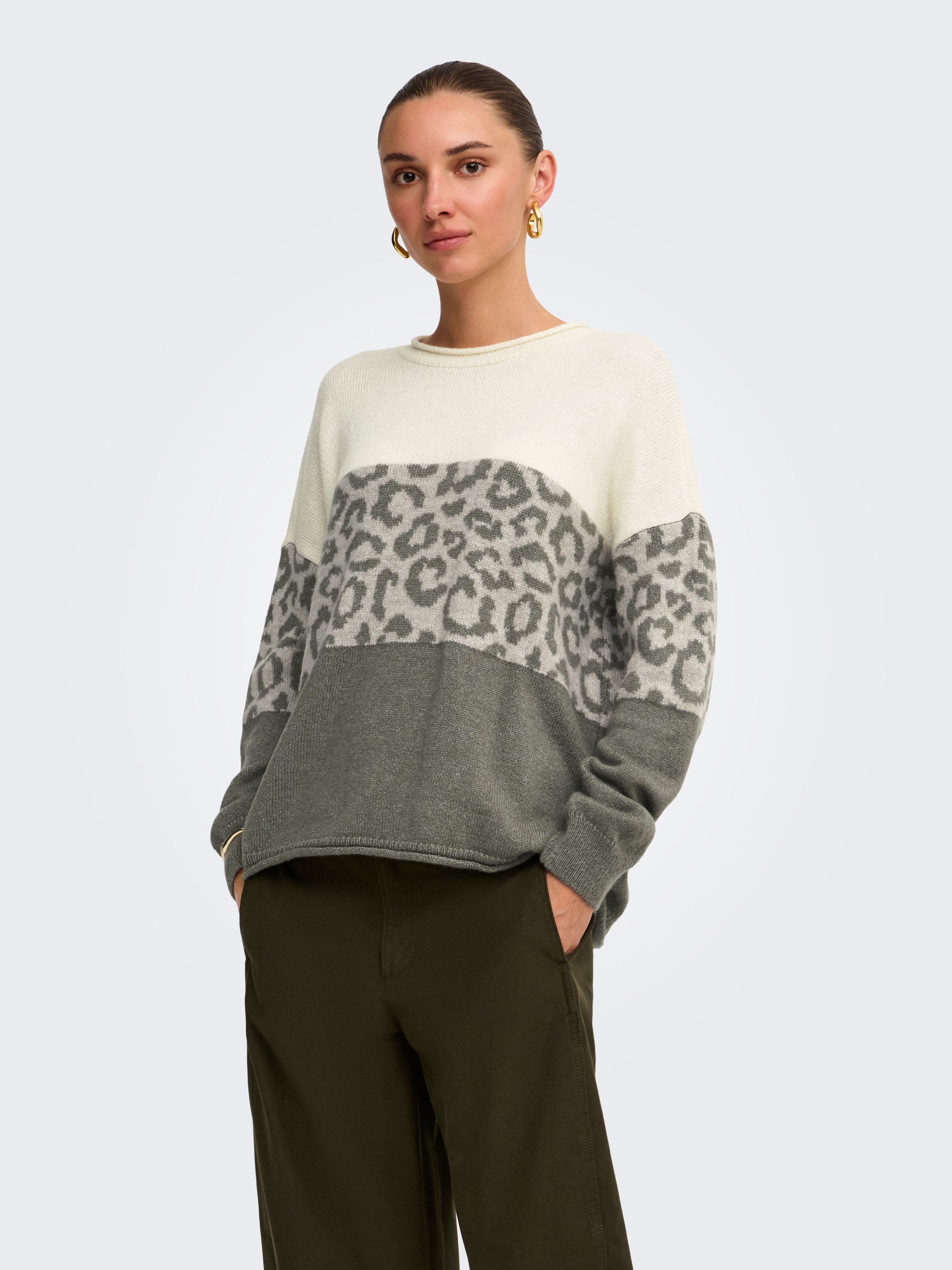 ONLY Rundhalspullover ONLJADE ANIMAL LS O-NECK NOOS KNT Kunstfaser, regular fit
