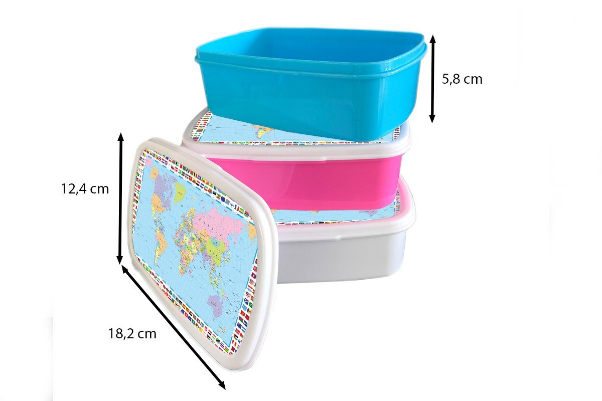 MuchoWow Lunchbox Weltkarte - Atlas, für Kunststoff, Brotbox Erwachsene, rosa (2-tlg), Snackbox, Brotdose Kunststoff Kinder, - Flagge Mädchen