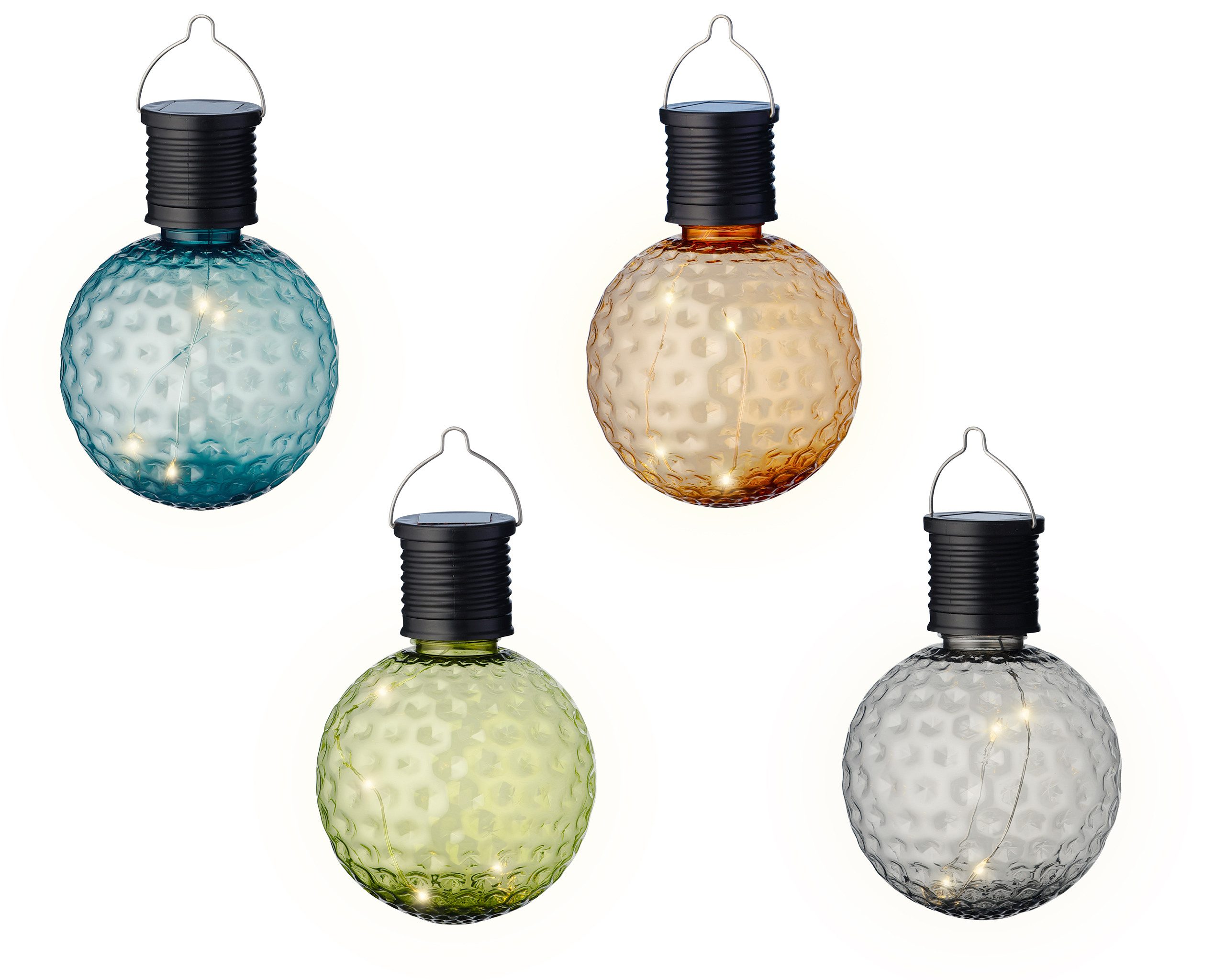 Lumineo LED Solarleuchte, Dauerlicht, warmweiß, Solar Gartenleuchte LED Kugel Glühbirne 8x11cm Kunststoff 4er Set