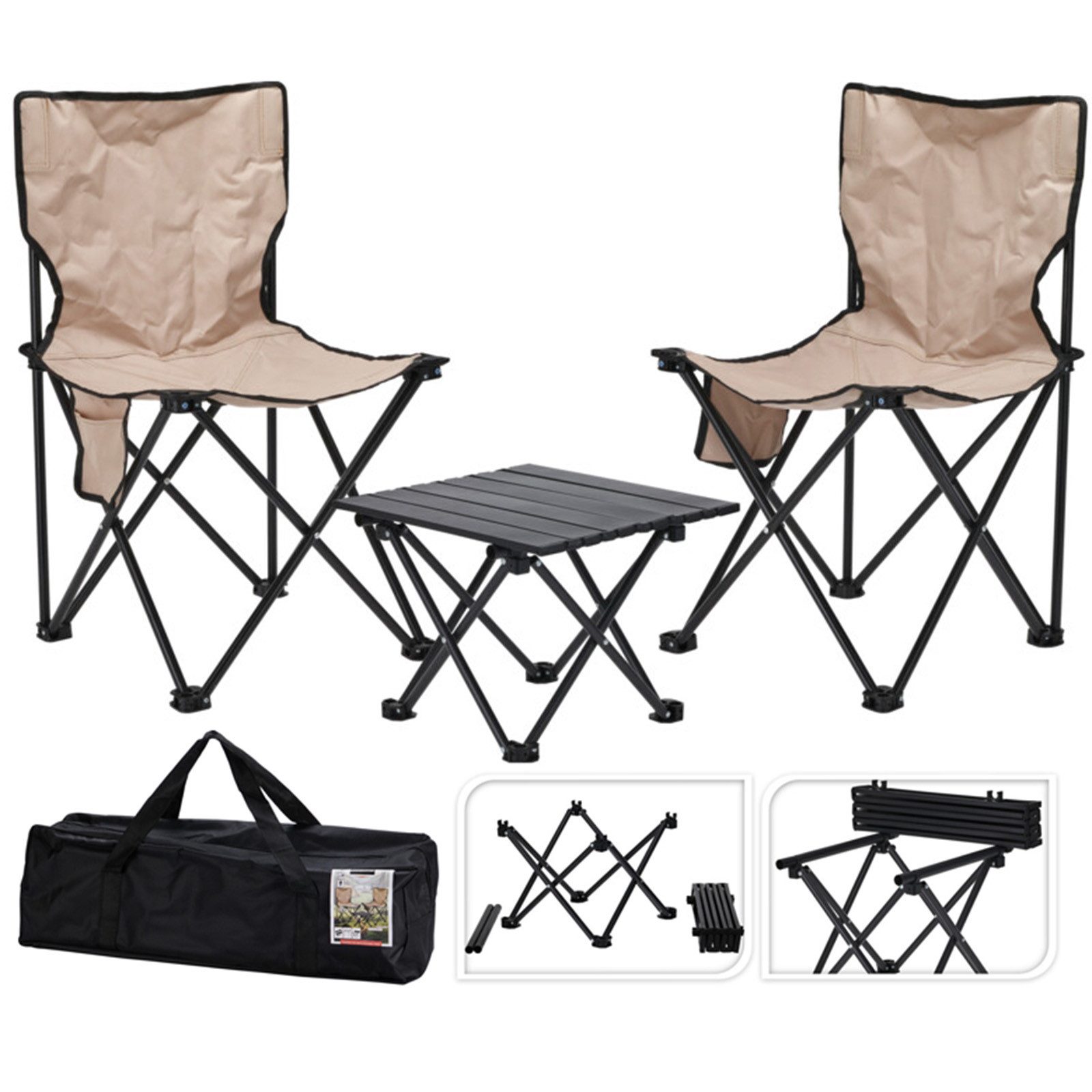 Koopman Sitzgruppe Campingmöbel Urlaub Reise 3 Tlg Set, (Set, 3-tlg., Packung), 3tlg, 1 Falttisch, 2 Faltstühle, inkl. Tragetasche
