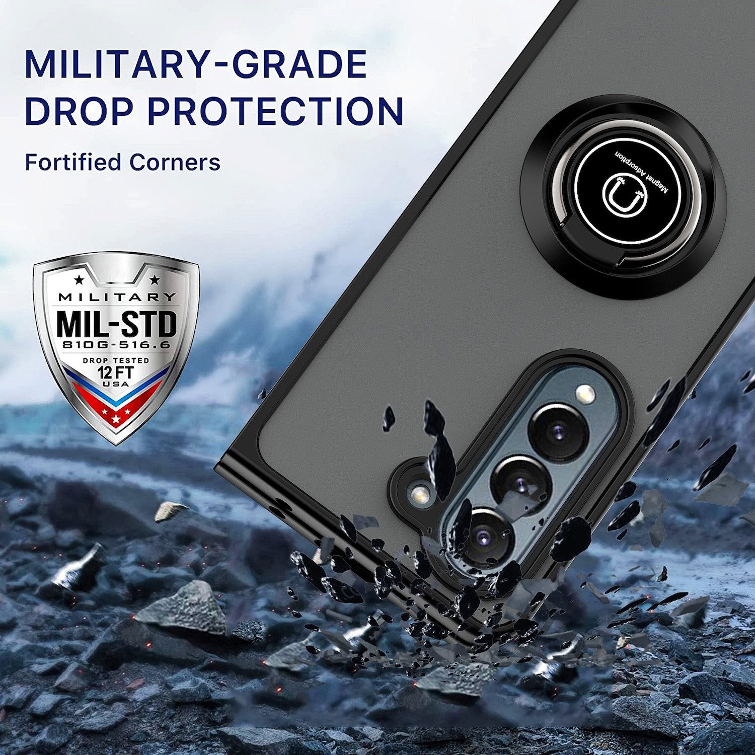 Wigento Handyhülle Für Samsung Galaxy Z Fold6 Shadow Design TPU / PC Hülle Case Ring Gelb, Ring Halterung Schutzhülle