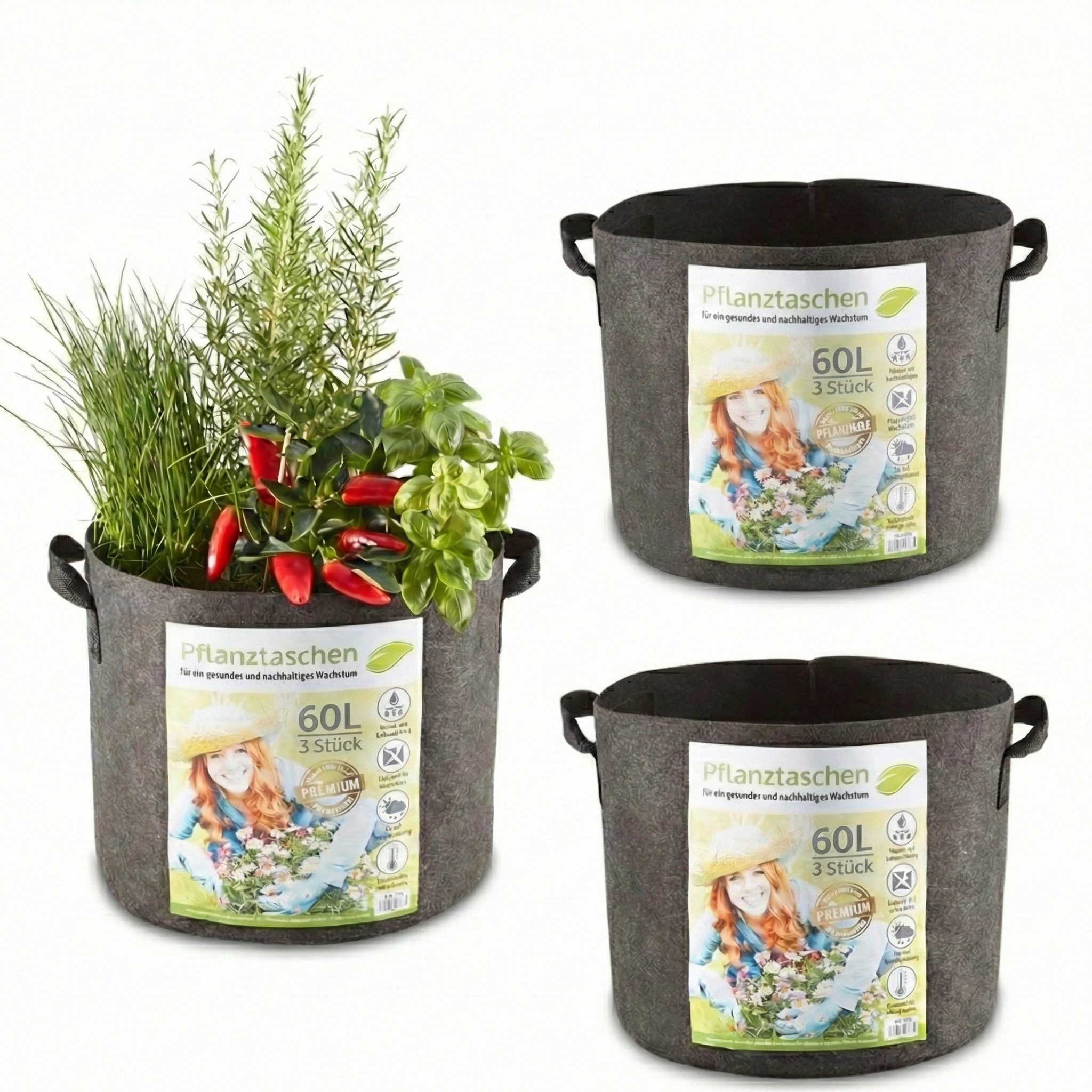 Zooprinz Pflanzkübel Pflanzsack Pflanztaschen 3er & 6er Sets 30 Liter 60 Liter (3 St), 260 g/m² Vliesstoff, Wasserabfluss, UV- und witterungsbeständig