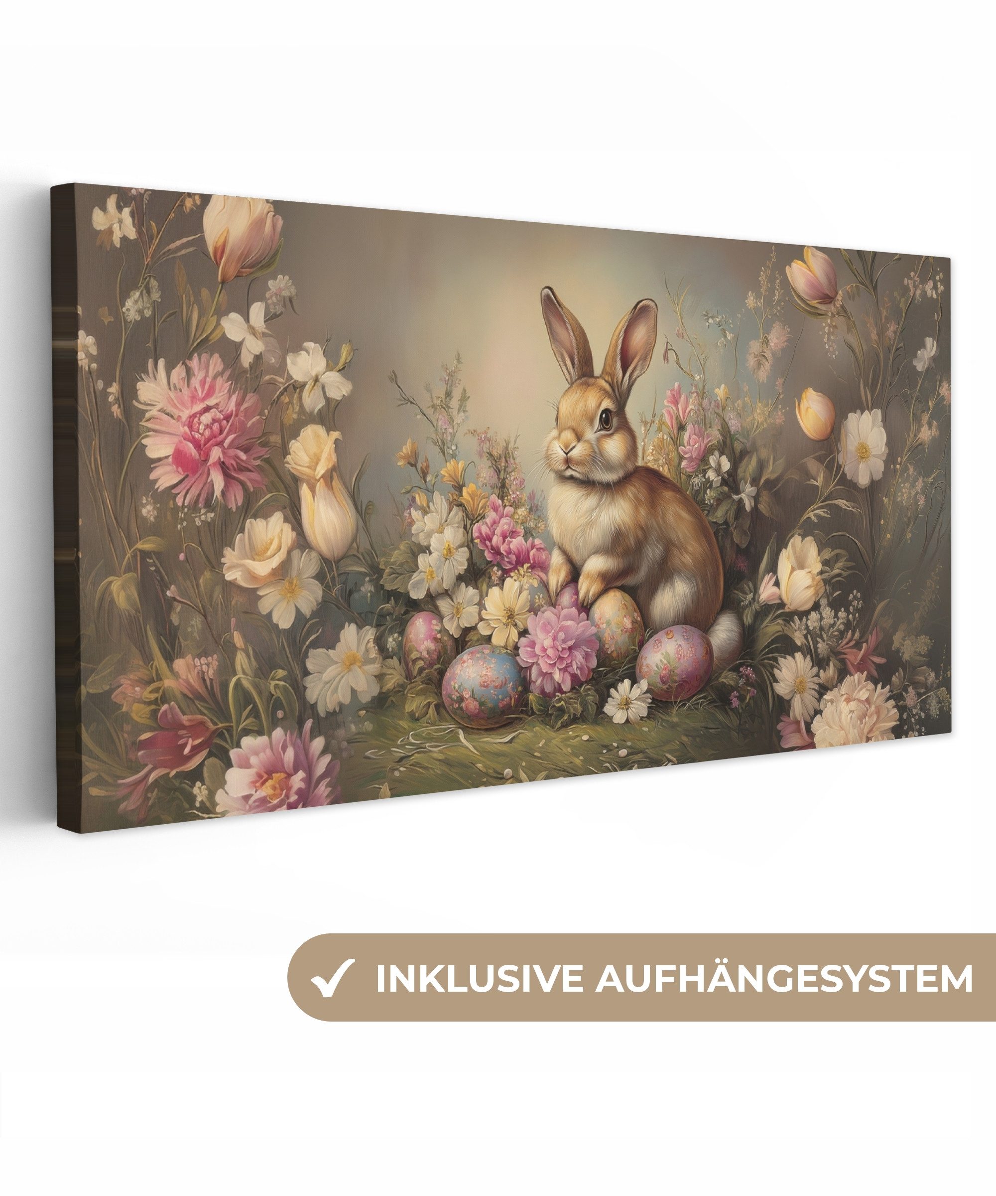 OneMillionCanvasses® Leinwandbild Panorama Hase - Stilleben - Blumen - Ostern Deko, Fotodruck (1 St), Wandbild, Deko Schlafzimmer Wohnzimmer Flur 40x20 cm