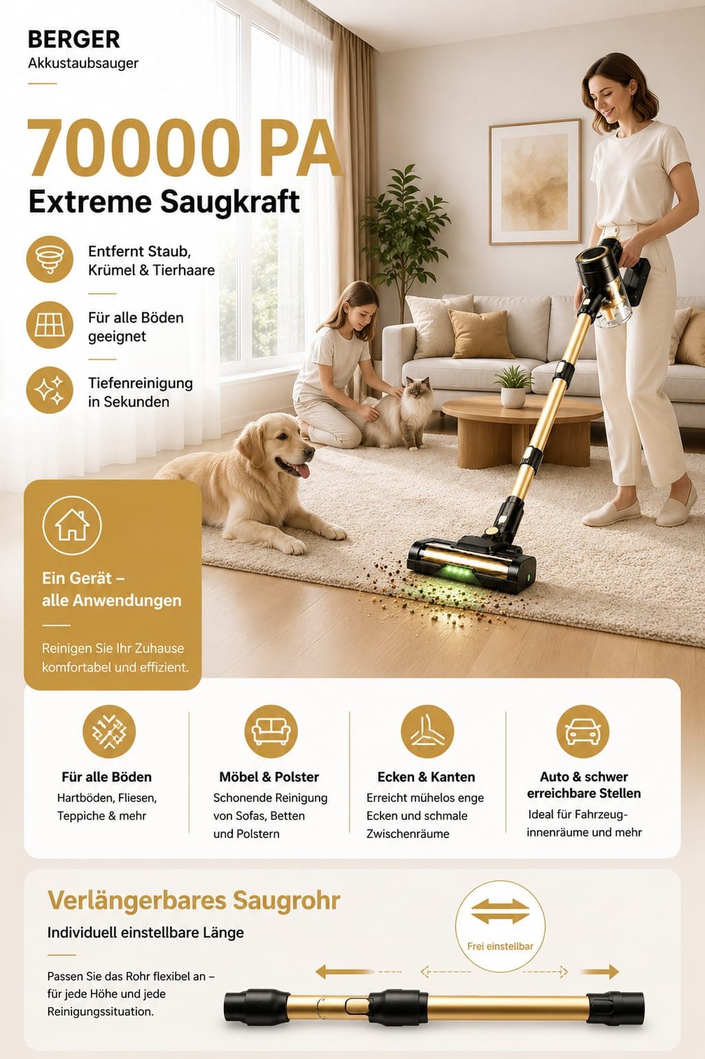 BERGER ELECTRONICS Stielstaubsauger Staubsauger Kabellos, Akku Staubsauger, Akku-Stielstaubsauger, beutellos, 70000 Pa, 60 min Laufzeit, Handstaubsauger – Bild 2 von 5