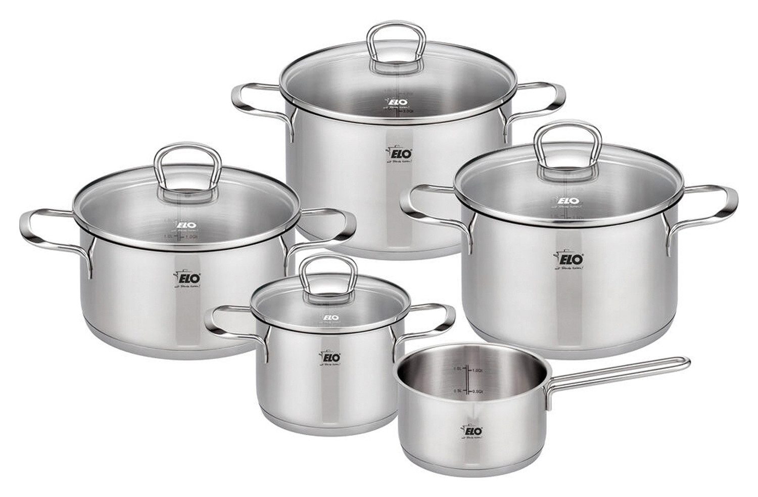 Elo Topf-Set JASPIS, 5-teilig, mit Glasdeckel, poliert, Edelstahl, Innenskalierung, Abgießrand