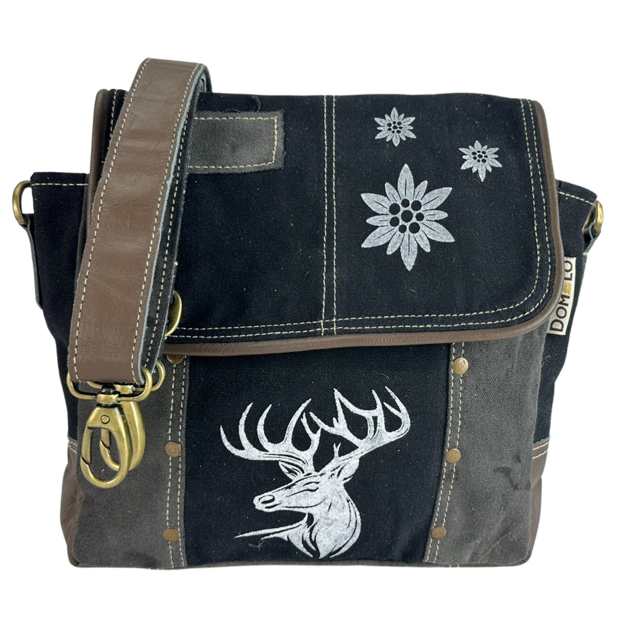 Domelo Trachtentasche Messenger Tasche aus Canvas und Leder. Crossover mit Hirsch Motiv