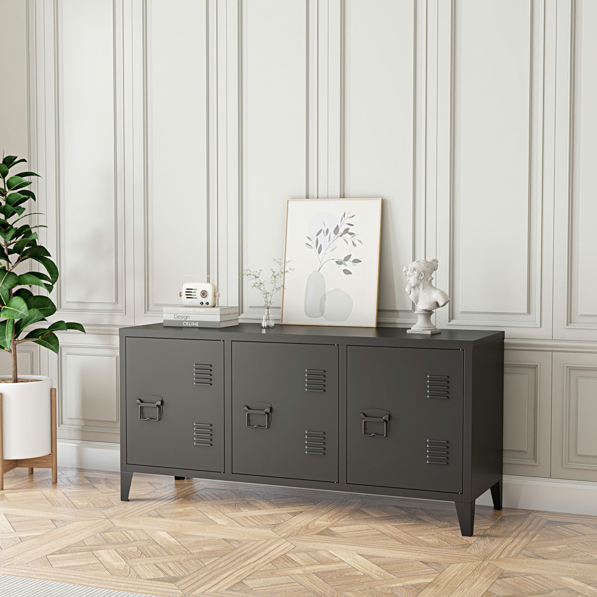 en.casa Sideboard, »Kotka« mit 3 Türen Metall 113 x 40 x 58 cm Schwarz günstig online kaufen