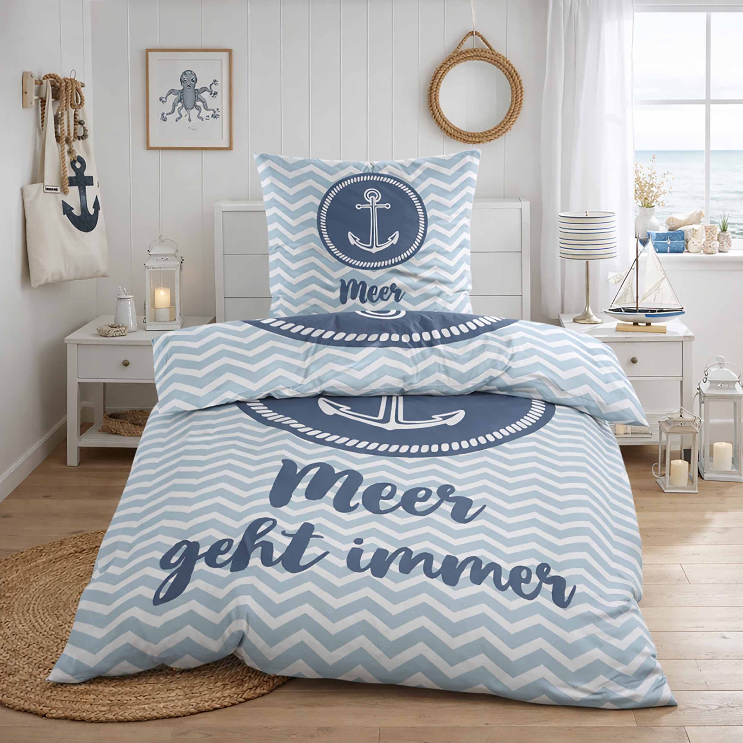 Casa Colori Bettwäsche Renforce Ganzjahres Bettgarnitur 155x220 cm, Renforce, 2 teilig, Blau Weiß gestreift