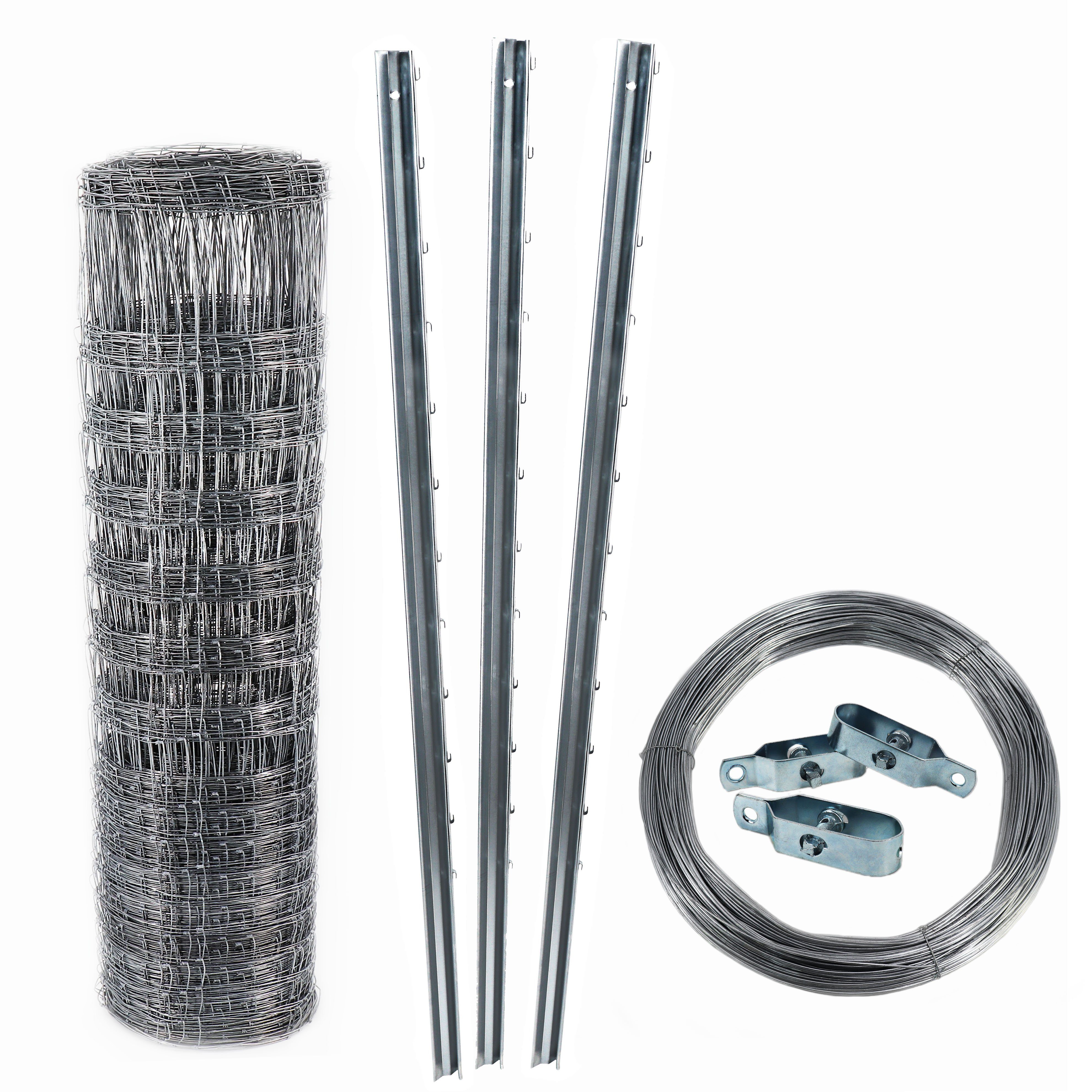 Wildzaun 50m Wildzaun Forstzaun Knotengeflecht 150/12/30+ Pfosten + Spanndraht