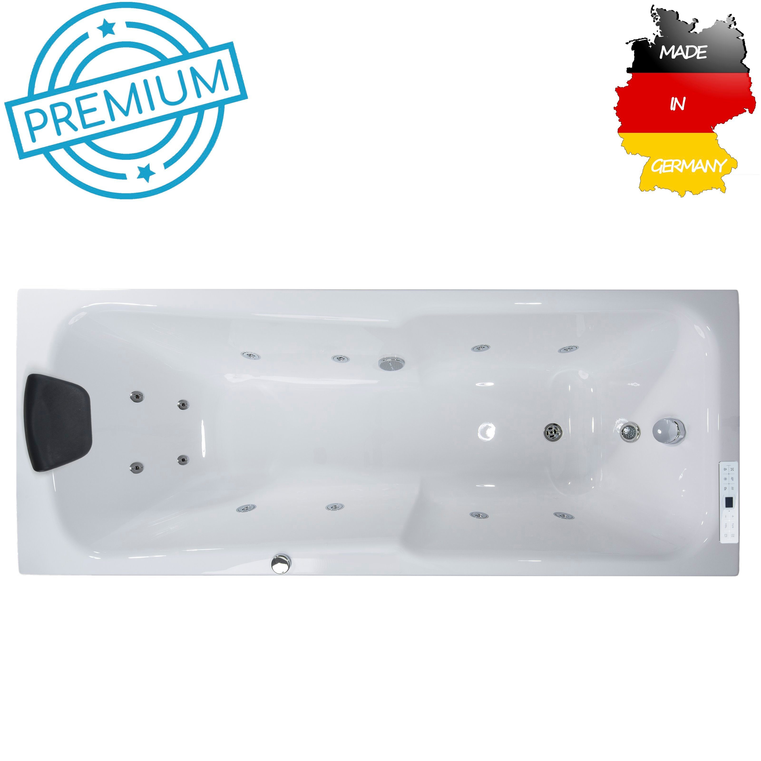 Basera® Whirlpool-Badewanne PREMIUM Indoor Whirlpool Badewanne Bali 170 x 75 cm, (Komplett-Set), mit 12 Massagedüsen, Heizung, Ozongenerator, Bodenansaugung, LED, T...