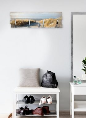 Kreative Feder Wandgarderobe Wandgarderobe "Strandblick" aus Holz, im Shabby-Chic-Design farbig bedruckt ca. 30x100cm 4 Doppel-Haken