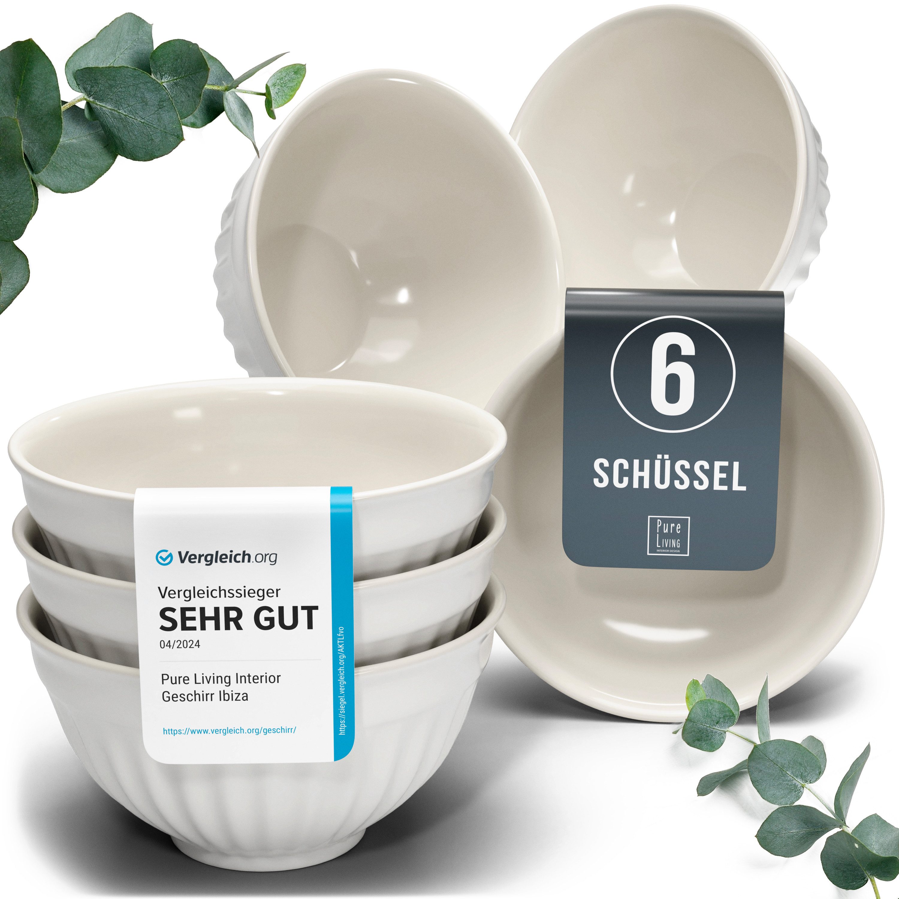 PURE LIVING INTERIOR DESIGN Geschirr-Set Pure Living Müslischale 6er 16cm »Hygge«, Steingut Hellgrau, 6 Personen, Steingut, Skandinavisches Design mit Riffelstruktur, Harmonische Farbgebung, Ma…