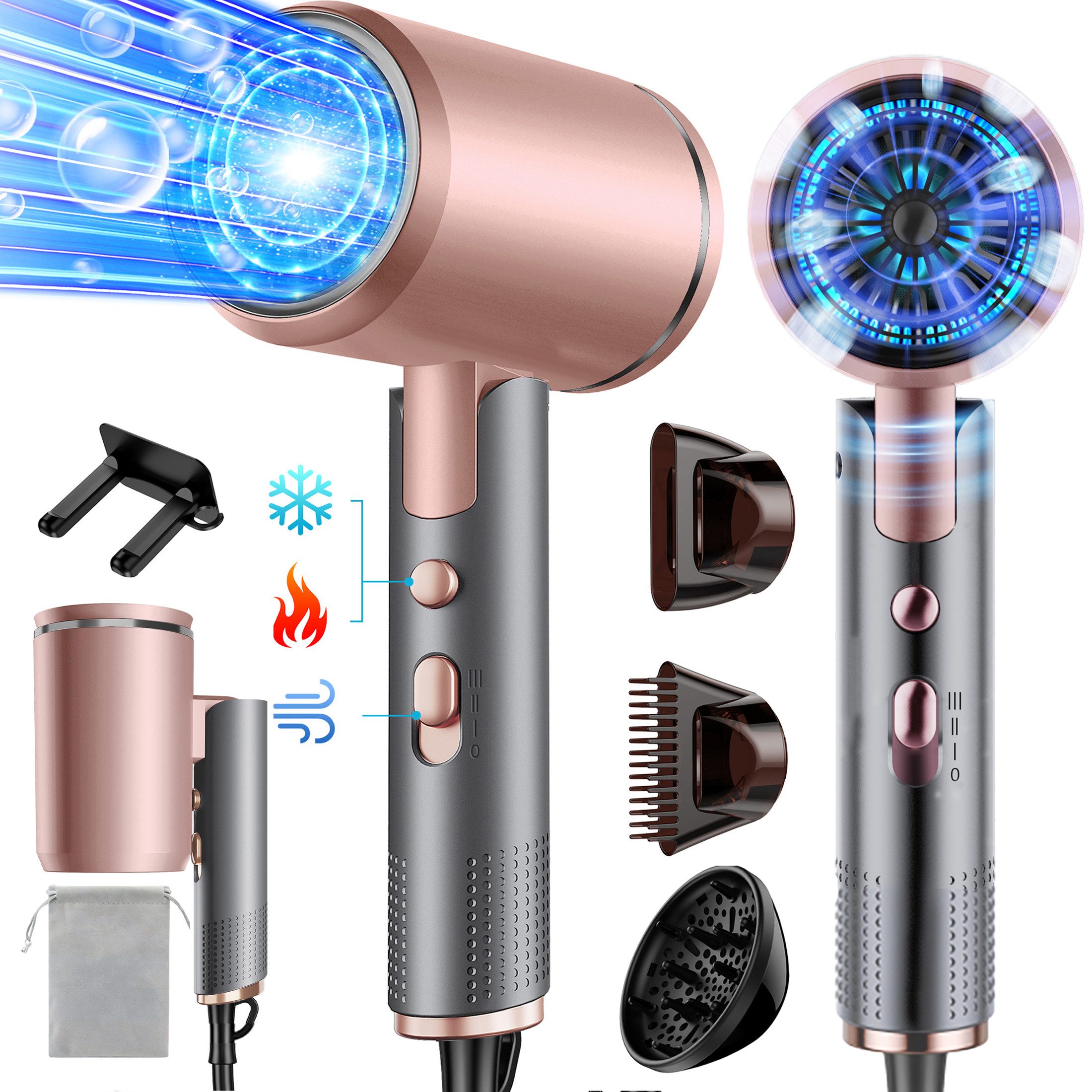 ibettertec Haartrockner Haartrockner Föhn Ionen,klappbar,mit 3 Stylingdüse, 2400 W, Schnelltrocknen Hair Dryer Mit 6 Temperatureinstellungen, Reiseföhn Hairdryer Frisuren Zubehör Reisehaartrockner