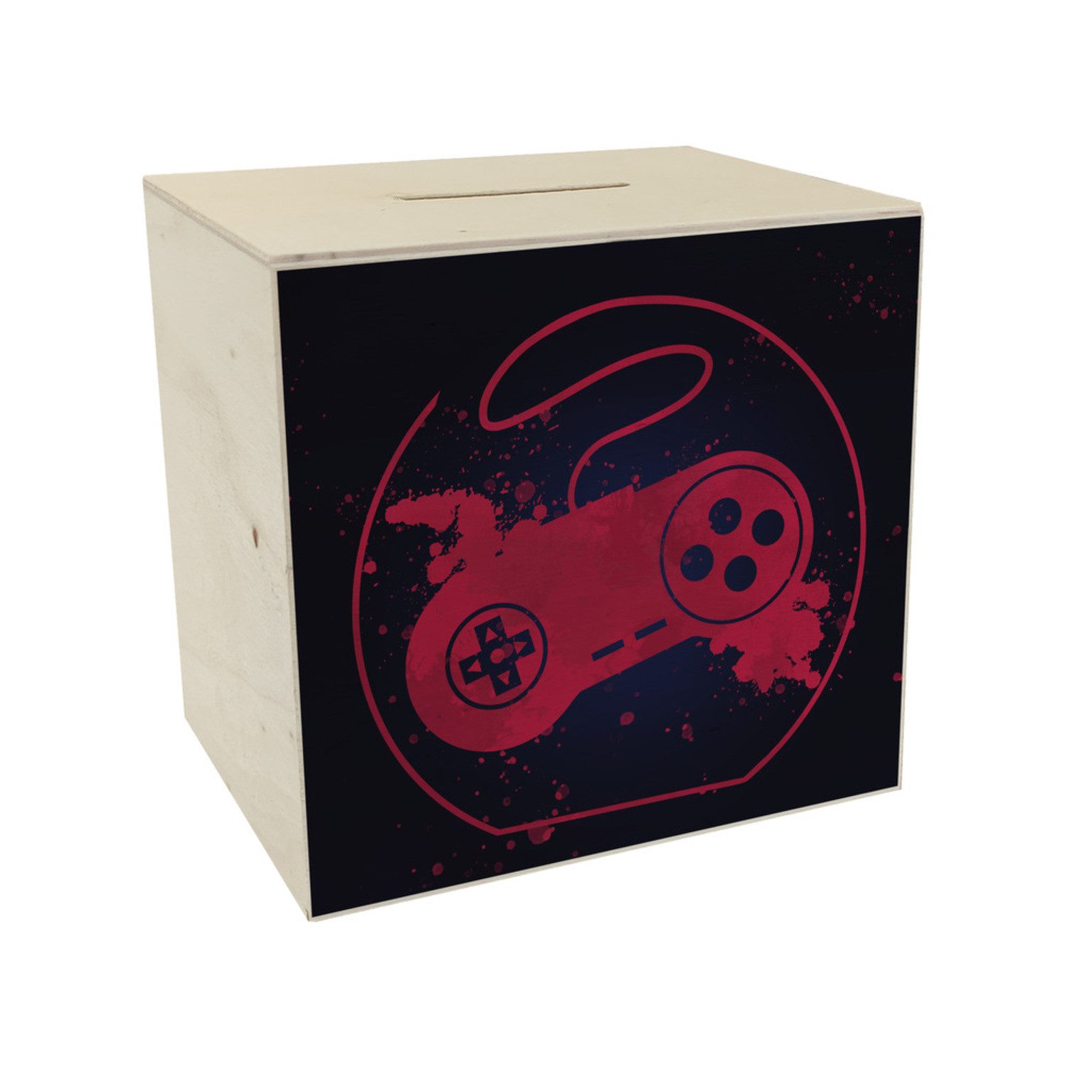Spardose Spardose aus Holz mit Retrocontroller in Rot für Videospieler