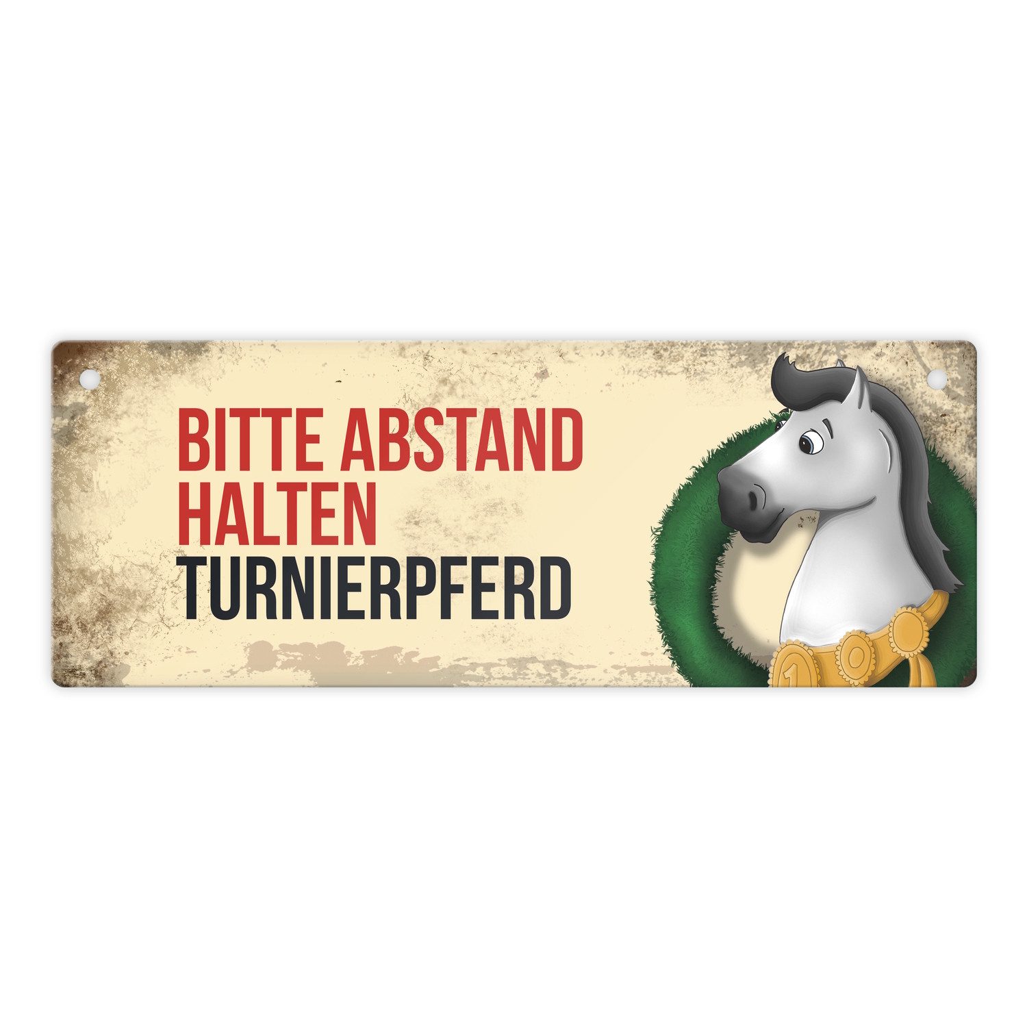 Metallschild Metallschild mit weißem Turnierpferd Motiv und Spruch: Bitte Abstand