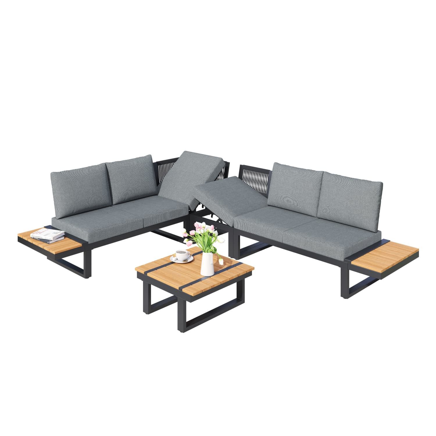 autolock Gartenlounge-Set Gartenmöbel-Set,umbaubar 2 Relaxbetten,Eckposition,verzinkte Stahlrohr, mit verstellbar Kippfunktion,Tischplatte,mit Couchtisch+Ablageflächen