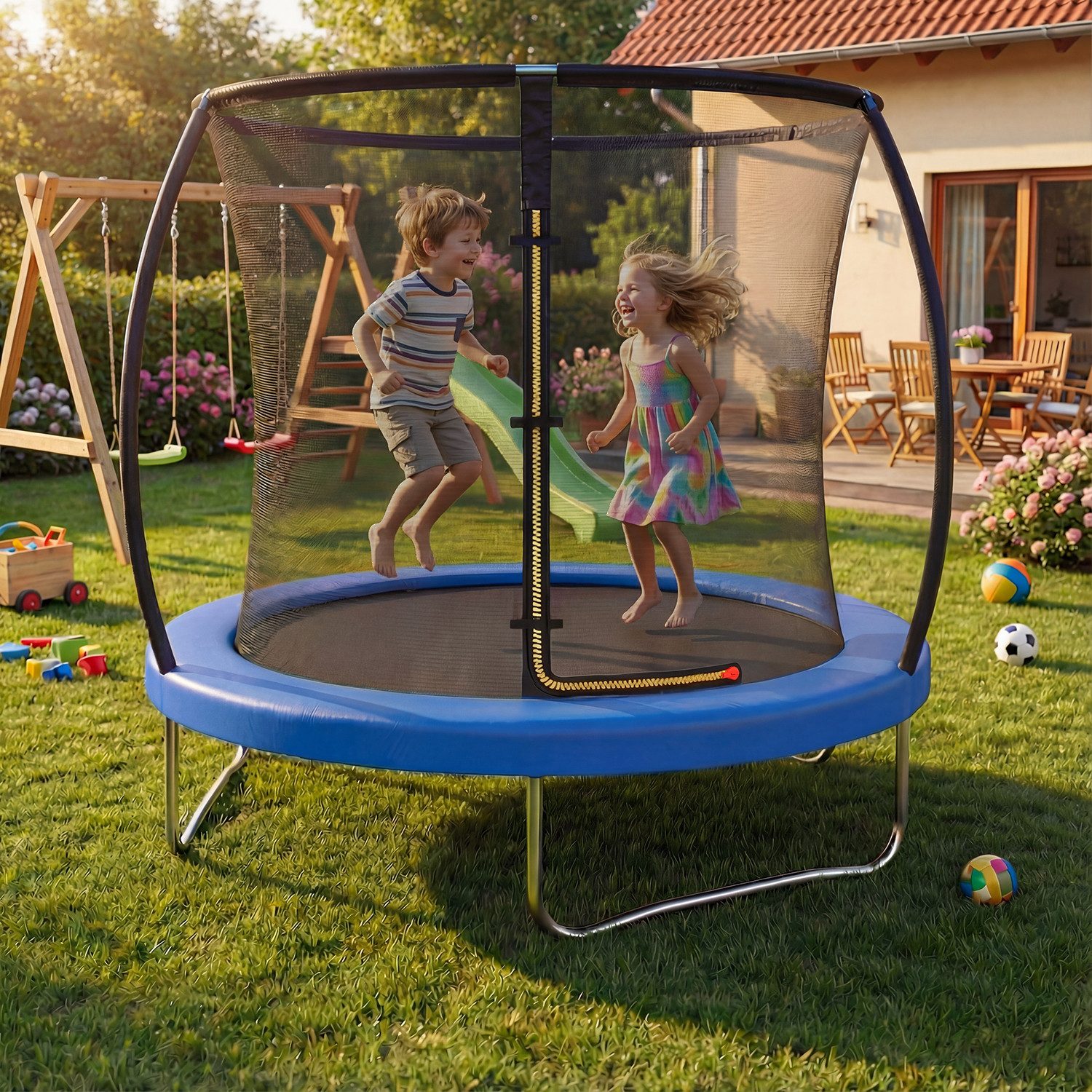 HOMALL Gartentrampolin Ø 228 cm Kindertrampolin Outdoor Trampolin, Ø 183 cm, (Mit Sicherheitsnetz, Sprungtuch und Leiter Ø228/305/366CM,Verstärkte Halterung)