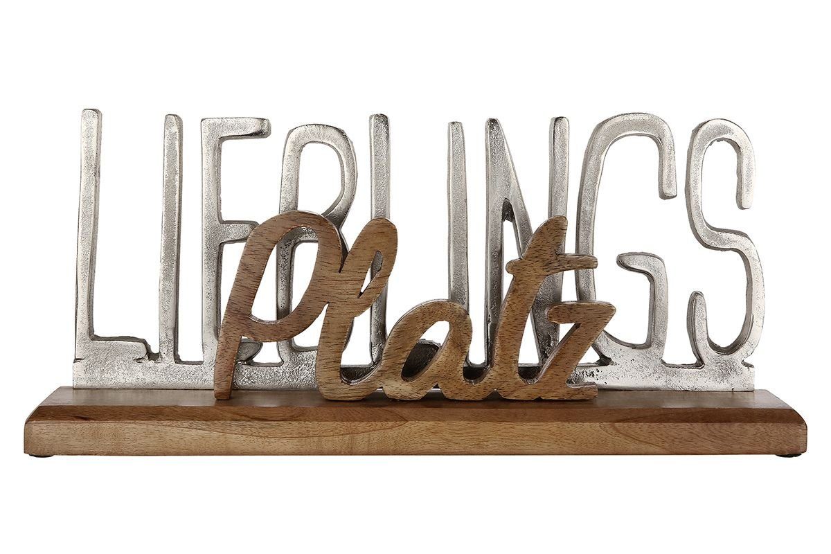 Dekoobjekt Holz Schriftzug Lieblingsplatz aus Mangoholz und Aluminium Breite 43cm