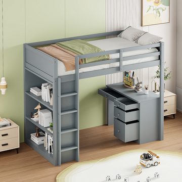 MODFU Hochbett Funktionsbett, mit Aufbewahrungsschränken und Computertisch (multifunktionales Hochbett für Kinder aus Holz 90 X 200 cm) ohne Matratze