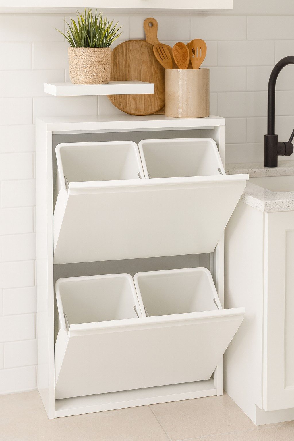 moebel-direkt-online Mülltrennsystem Madrid, zwei Klappen, dahinter je zwei Kunststoffeimer, aus Metall