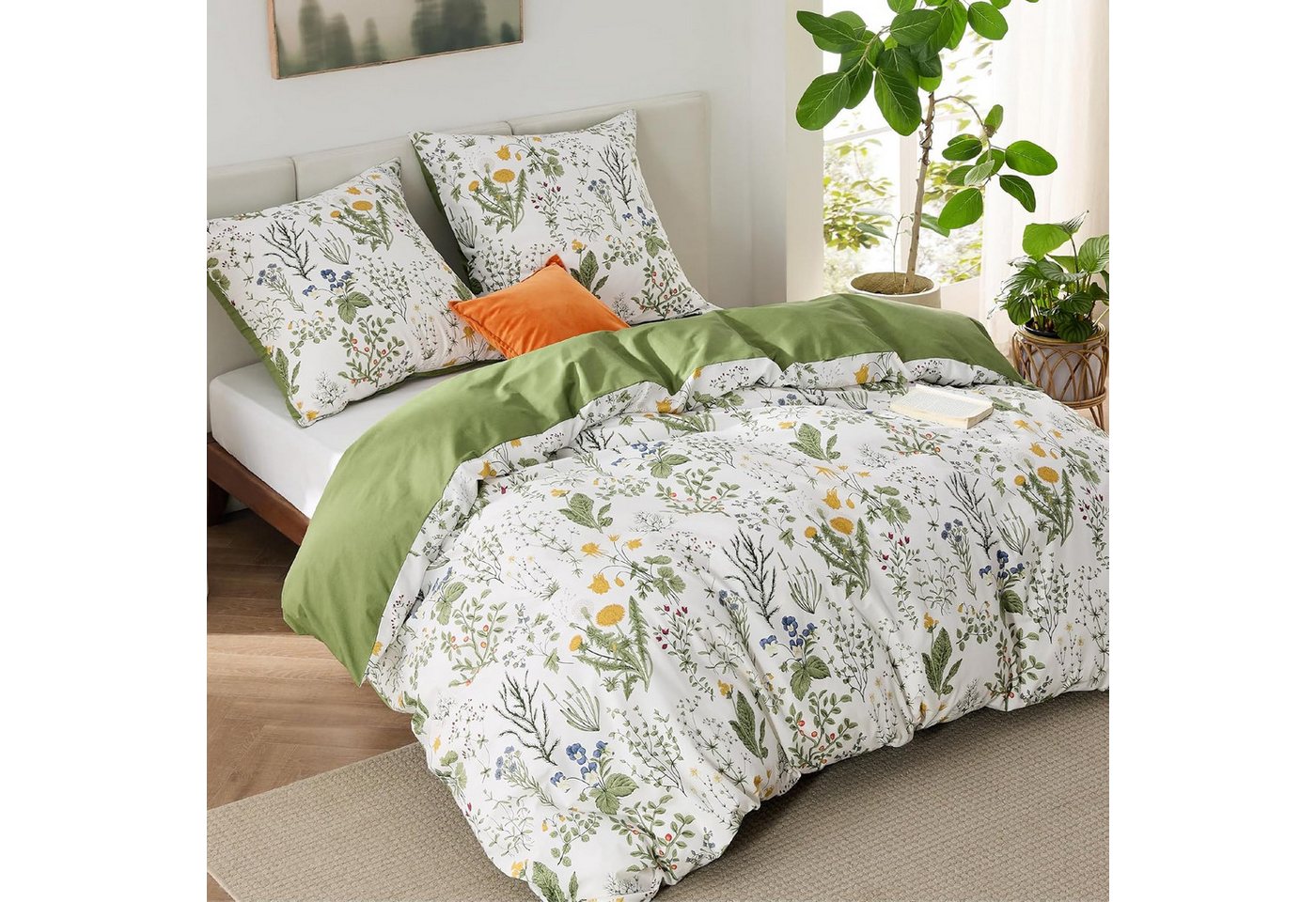ibettertec Bettwäsche Bettwäsche Set Salbeigrün Blumen Bettwäsche Wendbar mit Reißverschluss, Bettwäsche Grün Blümchen Blumen und Kissenbezug 80 x 80 cm