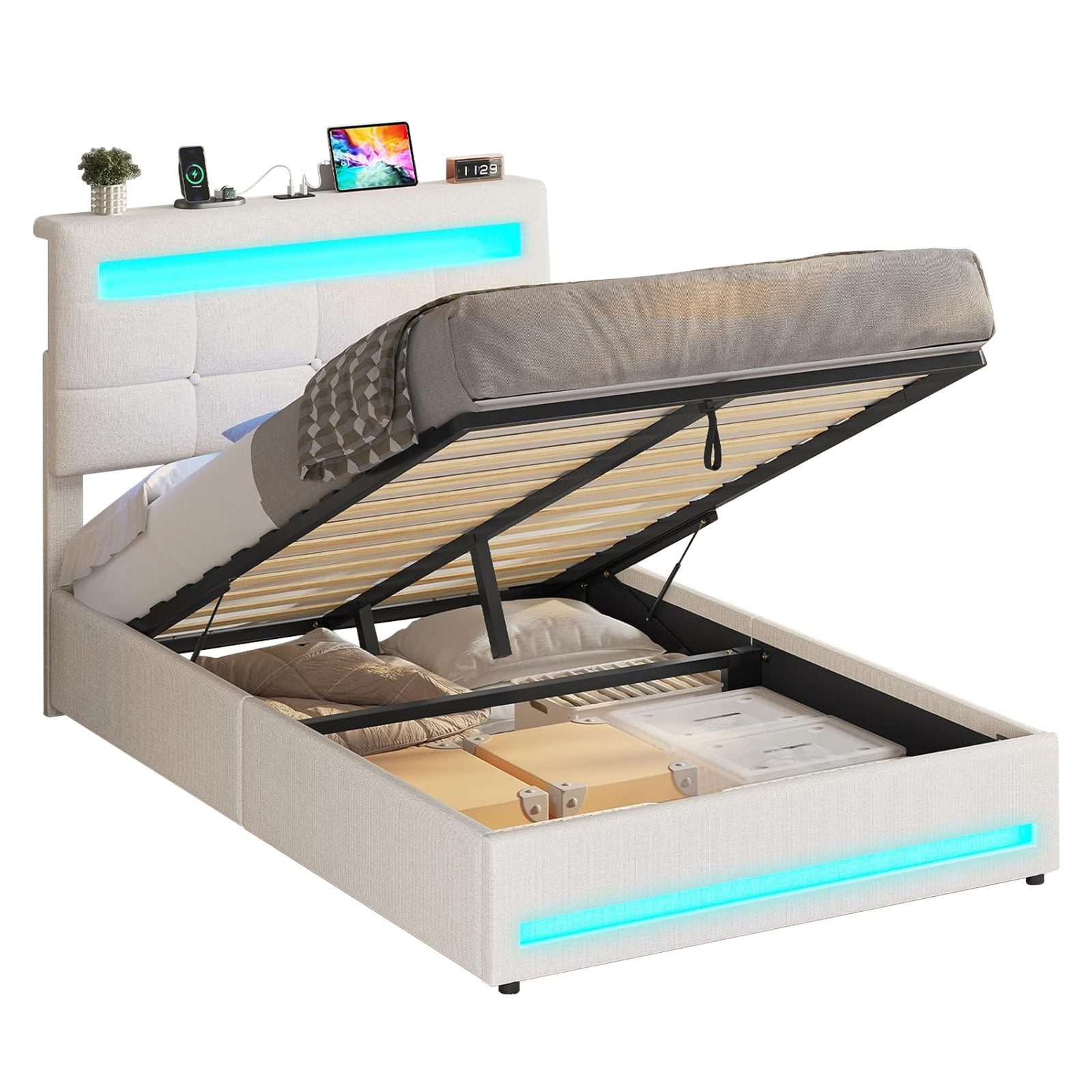 MSMASK Polsterbett 90×200cm, Jugendbett mit LED und USB-Ladefunktion, Linen, Funktionsbett mit Stauraum und Lattenrost, Ohne Matratze