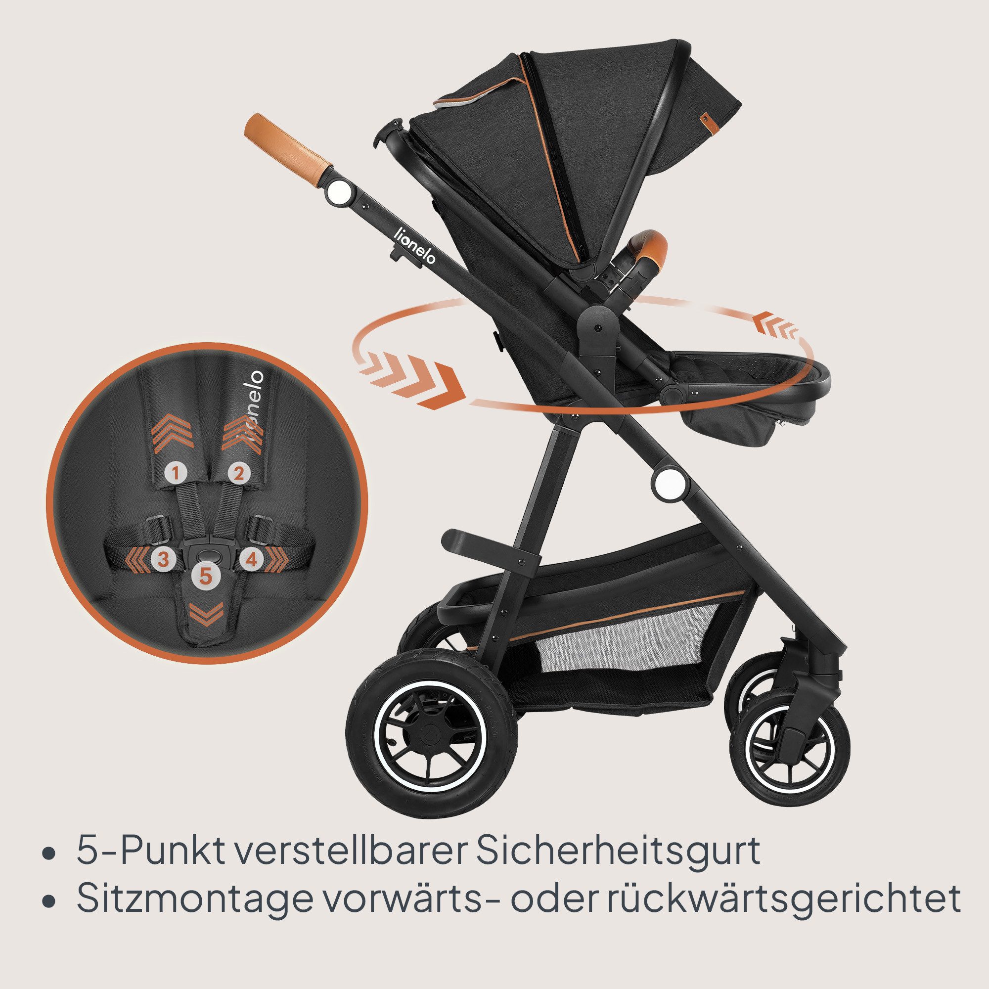 lionelo Kombi-Kinderwagen Amber 3in1, (Set), 3in1/babyschale 0-13kg/Tasche/Moskitonetz/Regenschutz/Boho – Bild 4 von 5