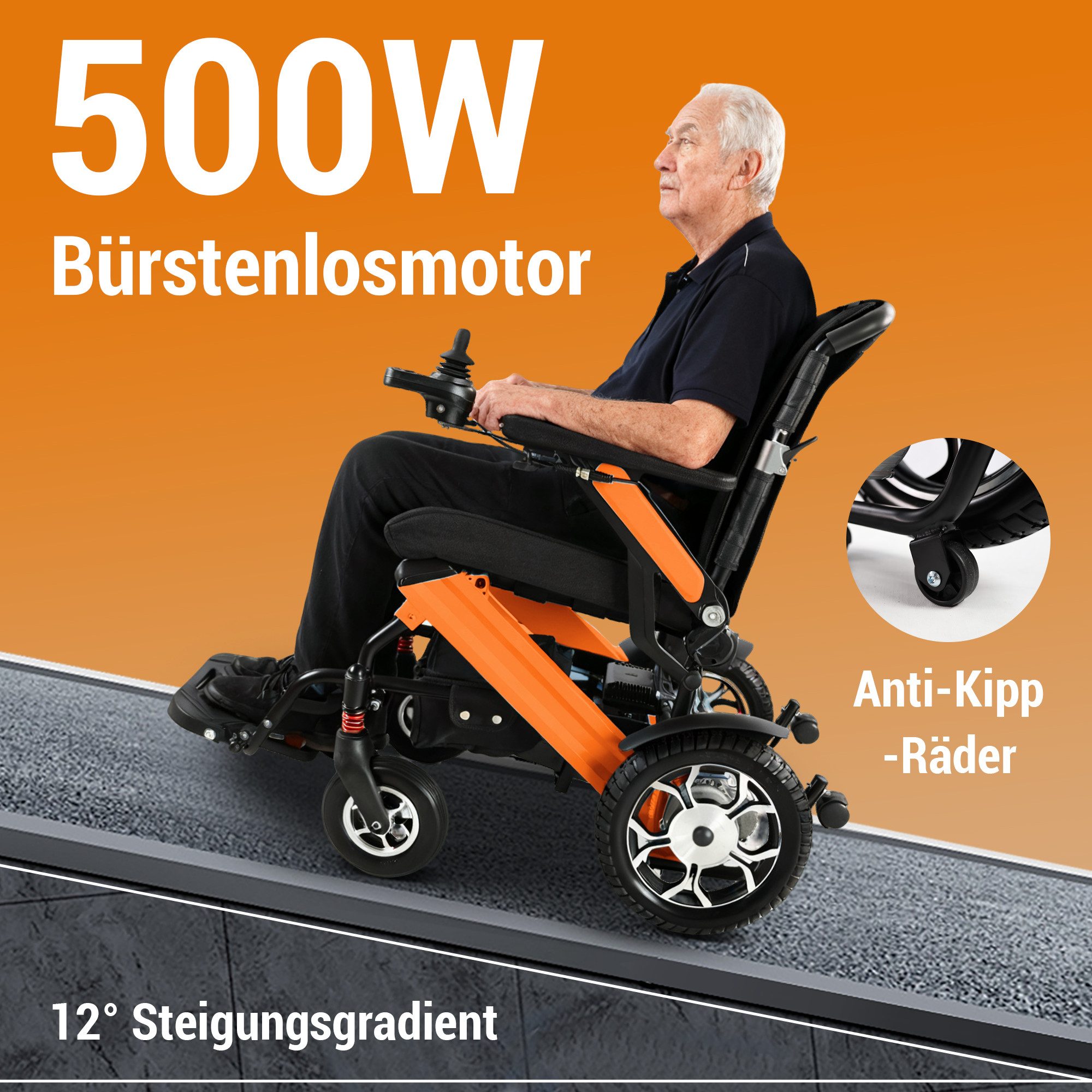 Vankel Elektrorollstuhl klappbar leicht elektr. Rollstuhl 500W, max.25 km max.150 kg, mit 12° Steigfähigkeit, austauschbarem Akku & 360°-Joystick