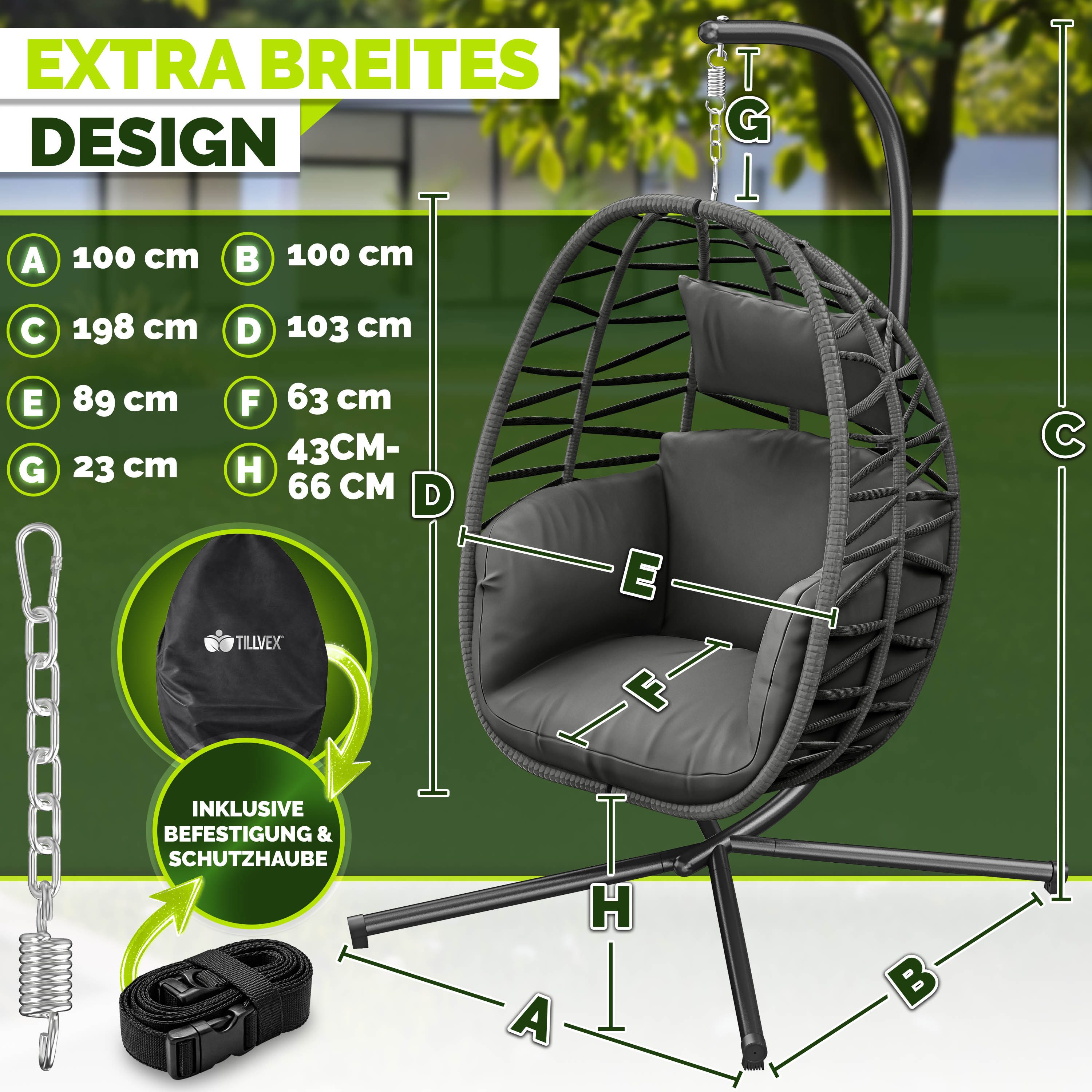 tillvex Hängesessel tillvex® Swivo Hängesessel mit Gestell inkl. wetterfester Abdeckung (Hängekorb klappbar bis 150 kg, Hängesitz aus Rattan, Hängestuhl für Indoor Garten Balkon Terrasse), mit Gestell Outdoor & wetterfester Abdeckung mit Befestigung