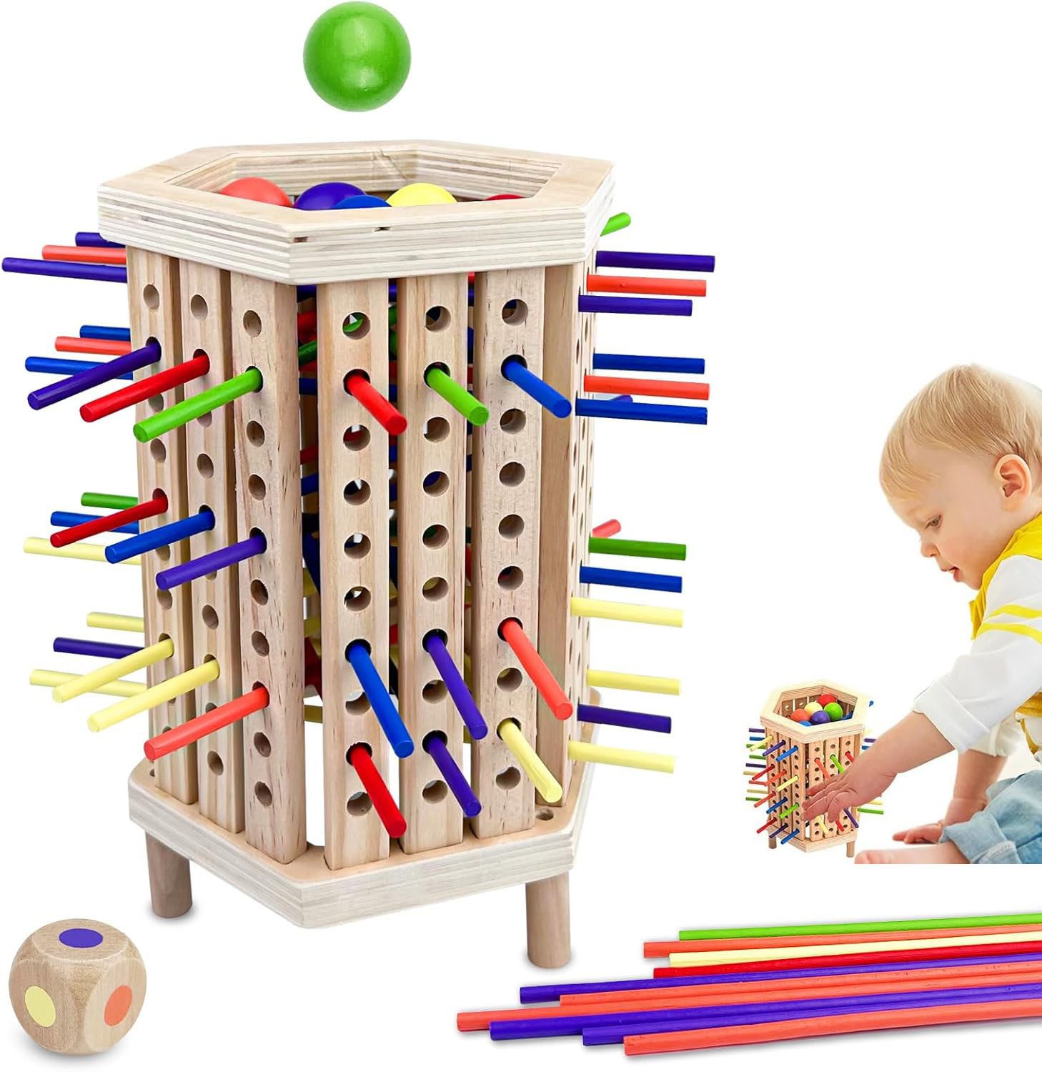 Lernspielzeug Kugelturm-Stäbchen-Aufnahmespiel – Stabwürfelspiel, Stäbchenturm-Spiel