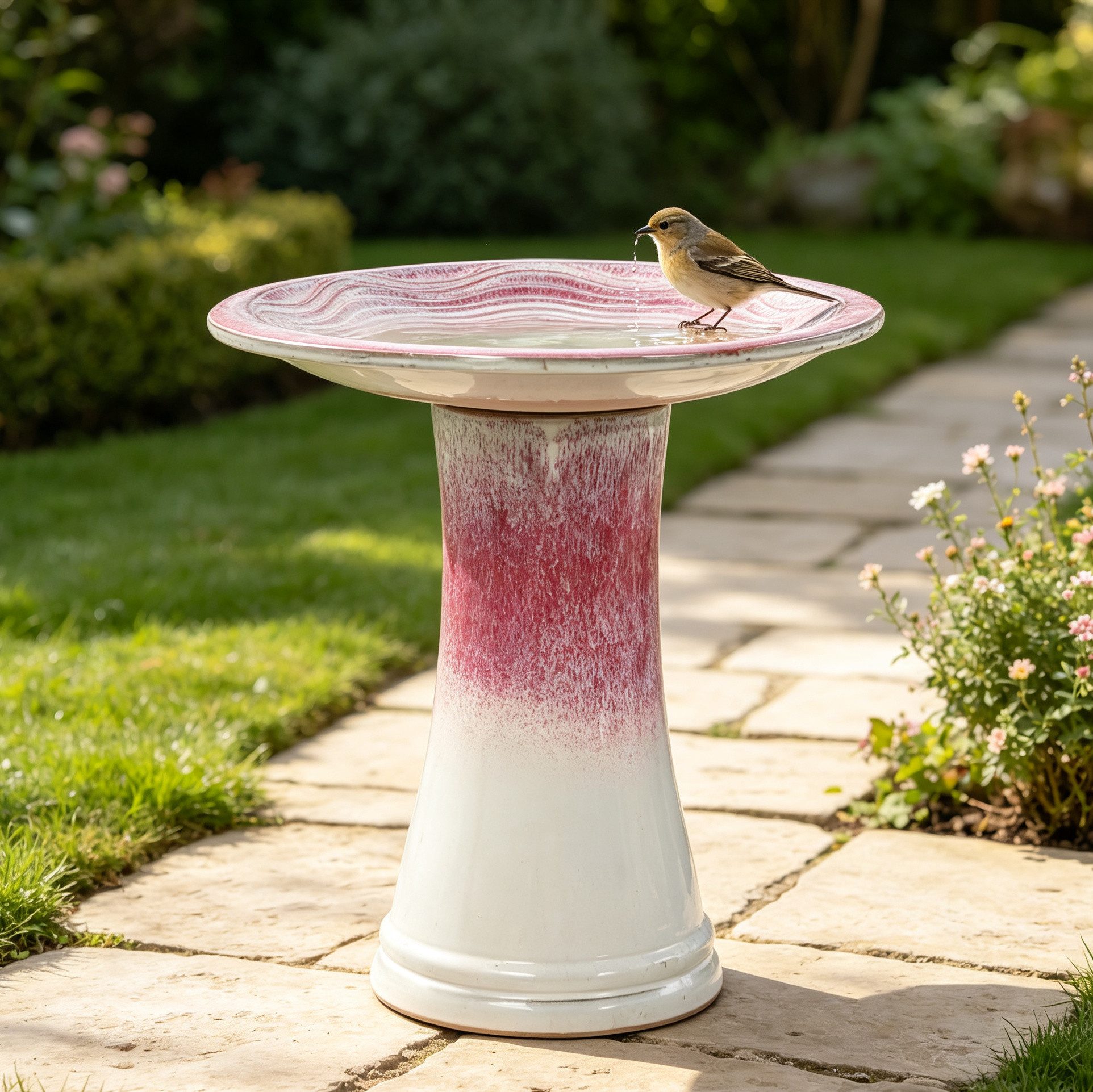 LVHOM Vogeltränke Keramik-Vogelbad, Blütenrelief/Farbverlauf, Ø43cm, wetterfest ganzjährig, Halbhandgefertigt, Farbverläufe, für Beet, Terrasse oder Rasen