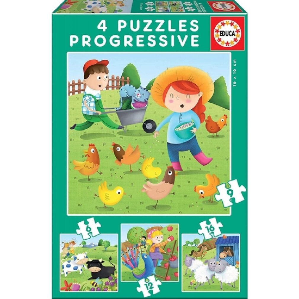 Educa Puzzle 17145, Bauernhof, 4-in-1 Puzzleset für Kinder ab 3 Jahren, Farm, Puzzleteile