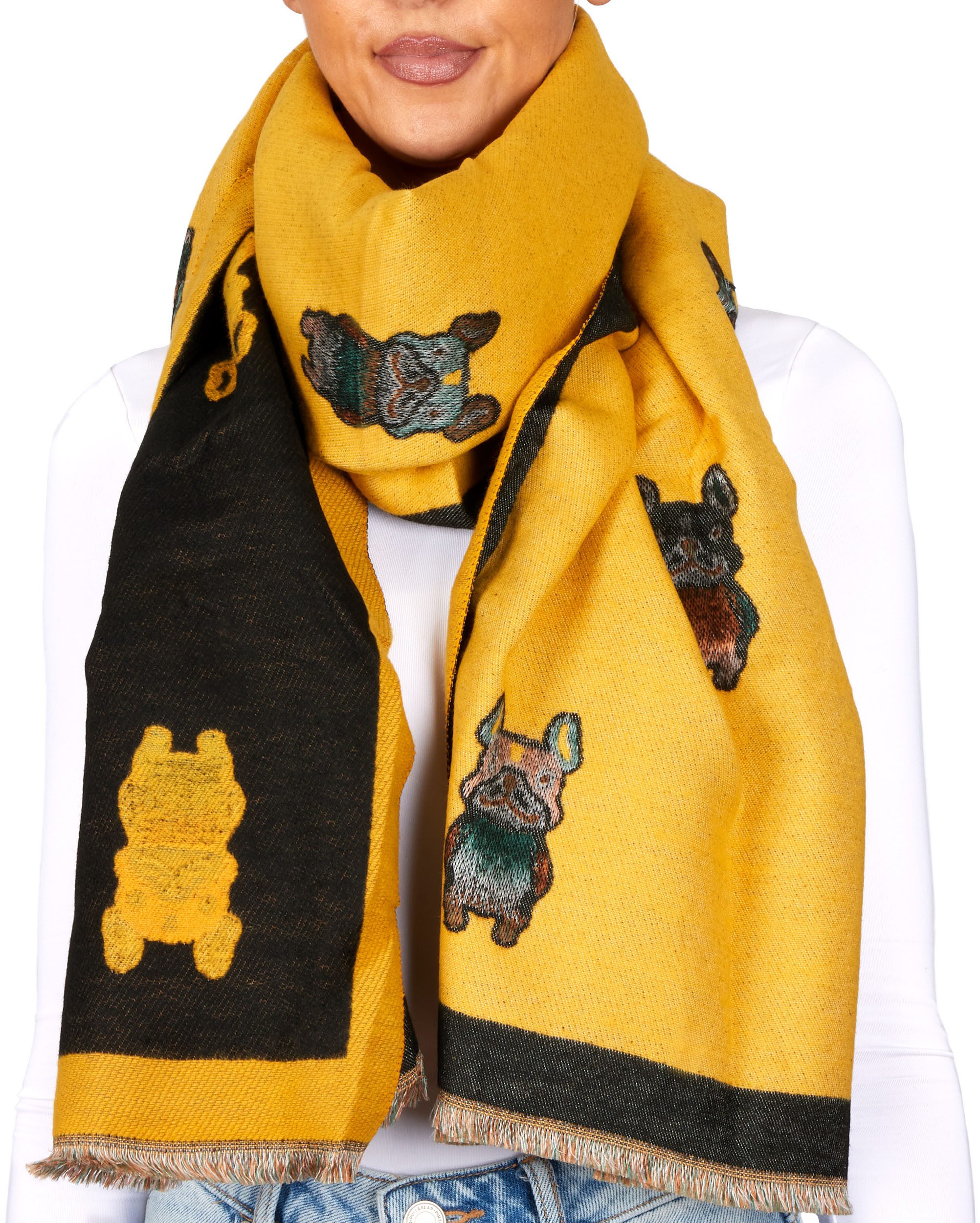 BRUBAKER Schal Cashmirillo Damen Schal - Französische Bulldogge - 70 x 200 cm, (Weiches Kaschmir-Gefühl, 1-St. Winterschal mit Hunde Muster), Warm & Kuschelig - Damenschal für Herbst & Winter - Herbstschal