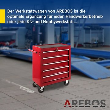 Arebos Werkstattwagen Werkstattwagen 5 Fächer, zentral abschließbar, rot, (Werstattwagen 5 Schubladen blau)