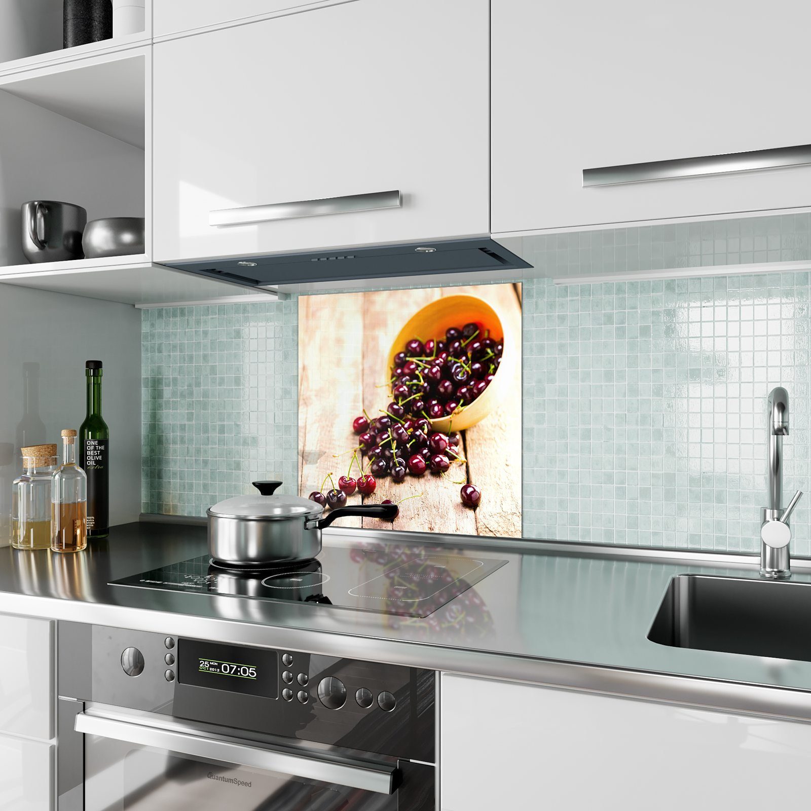 Küchenrückwand fallen Spritzschutz Primedeco Motiv raus Kirschen mit Glas Küchenrückwand