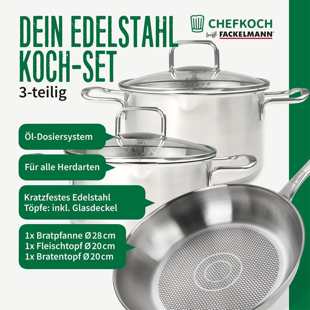 Chefkoch trifft Fackelmann Topf-Set Kochset, Küchenhelfer, Profi-Kochgeschirr, Premium-Kochutensilien