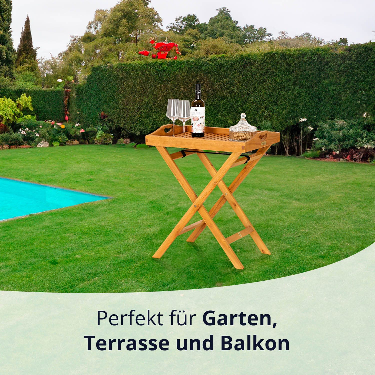 KHG Tabletttisch Serviertablett mit Griffen, klappbar, bis 75 kg belastbar (Outdoor-Tablett mit Ständer), aus Eukalyptus-Holz, zum Schutz geölt, FSC-Zertifiziert