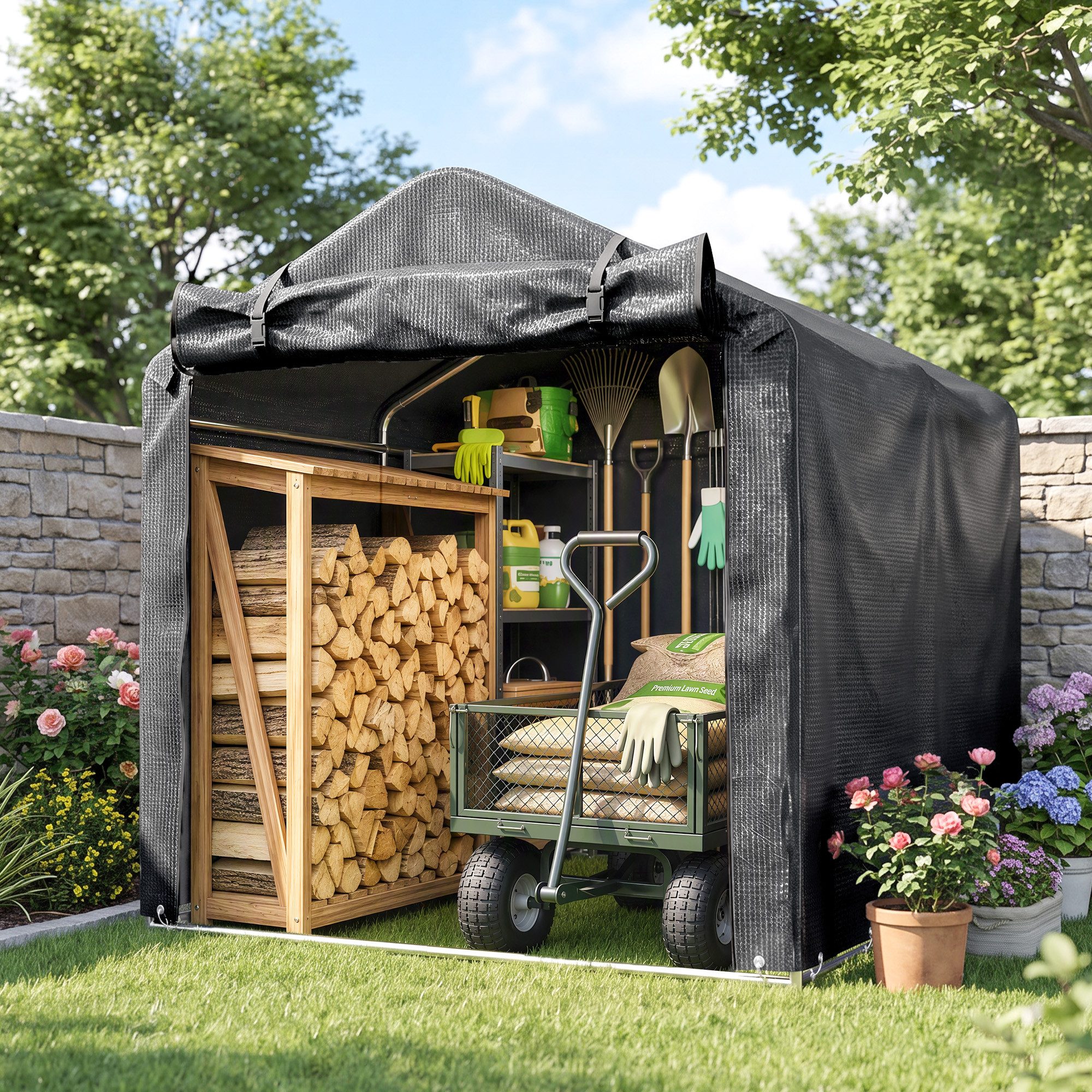 Outsunny Gerätezelt Garagenzelt mit Rolltür, Foliengerätehaus Fahradgarage, Personen: 3 (UV-beständig Fahrradabdeckung, 1 tlg., wasserdicht Zeltgarage), für Terrasse, Garten, 220 x 157 x 165 cm Dunkelgrau
